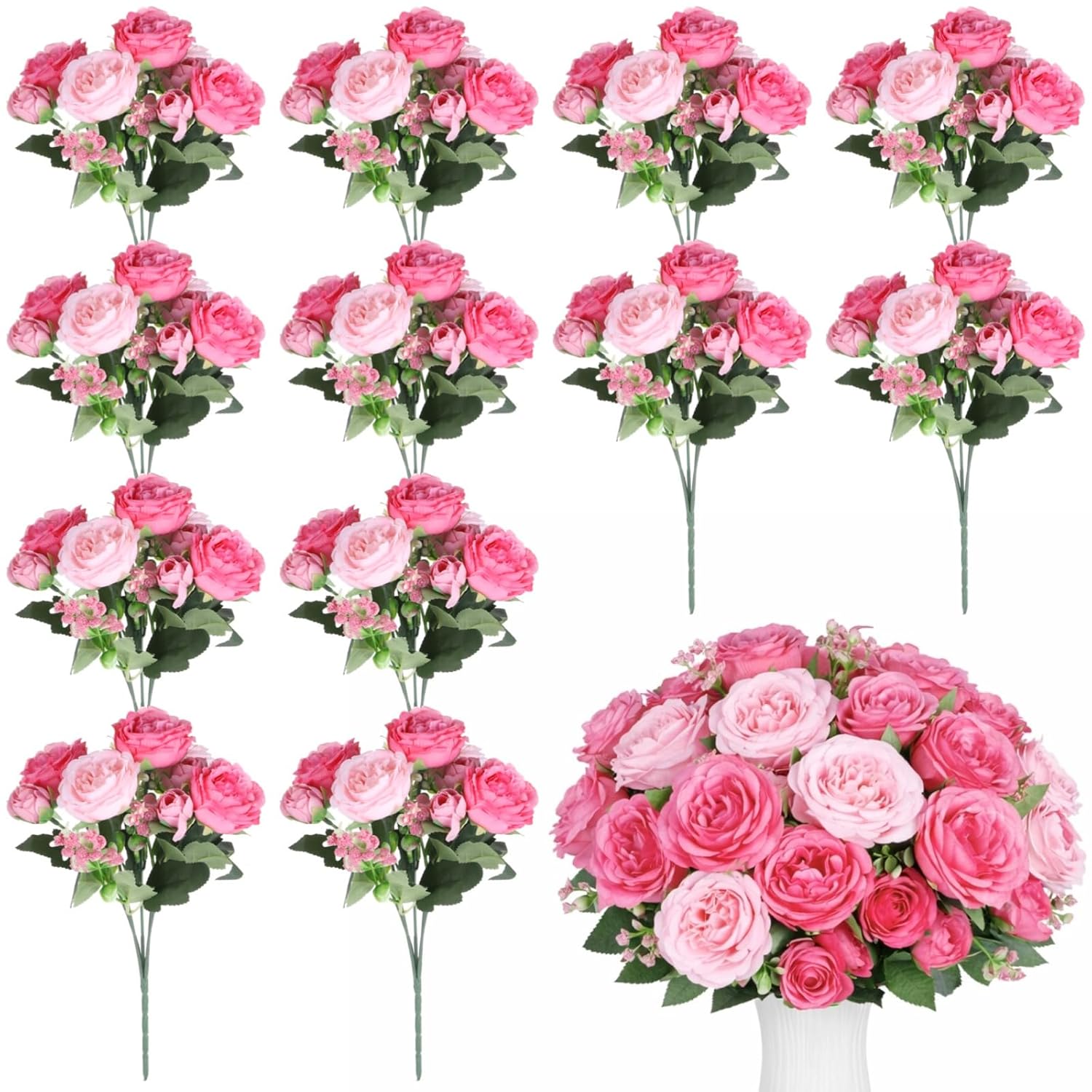 12 Bundles Peonies Artificial Flowers, Fake Peony Bouquets, Faux Flower Arrangements For Table Centerpiece, Realistic Floral Bouquets For Weddings, Parties, Home