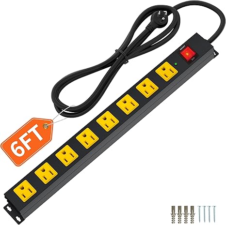Heavy Duty 8 Outlet Surge Protector Power Strip 6FT 2100J 14AWG Metal Extension Cord Wall Mount