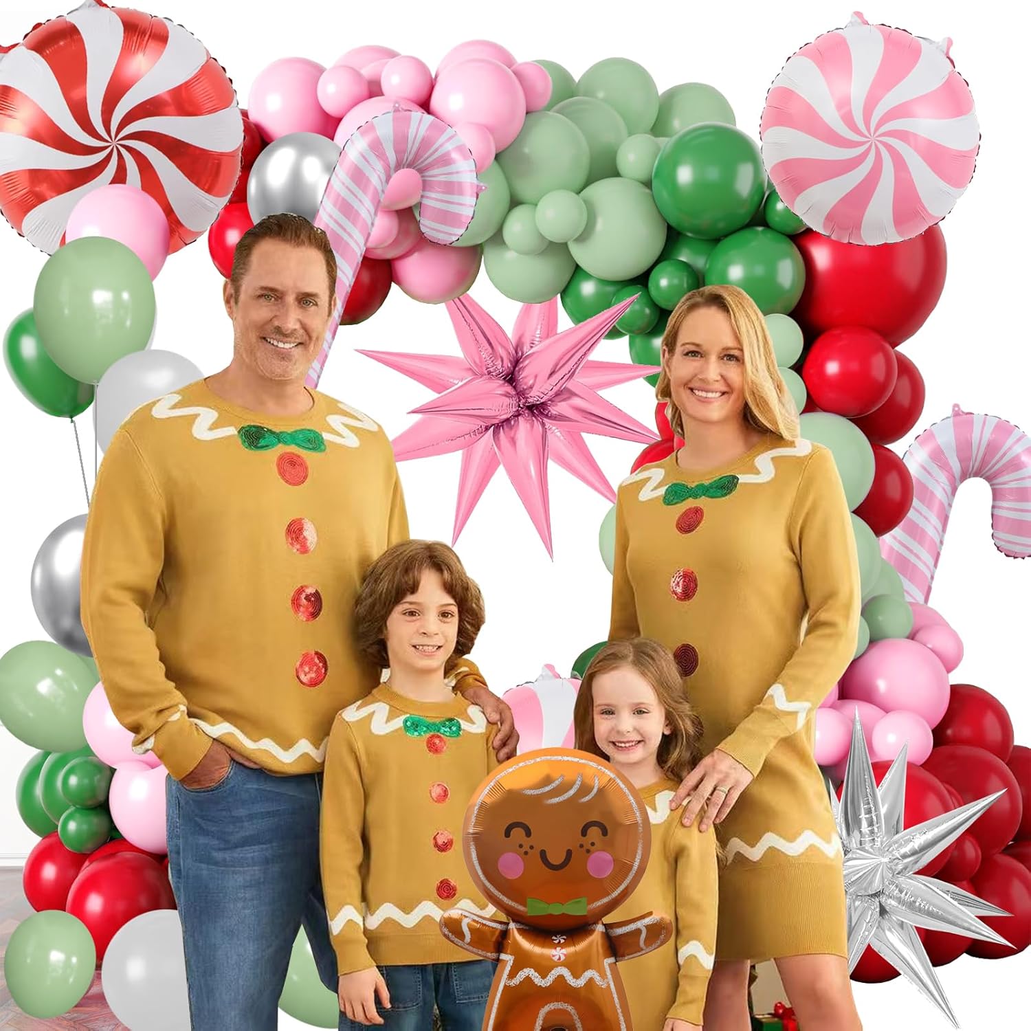 142 Pcs Gingerbread House Decorations - Pink Christmas Garland, Gingerbread Man, Candy Cane Foil Balloons For Xmas Party Decorations