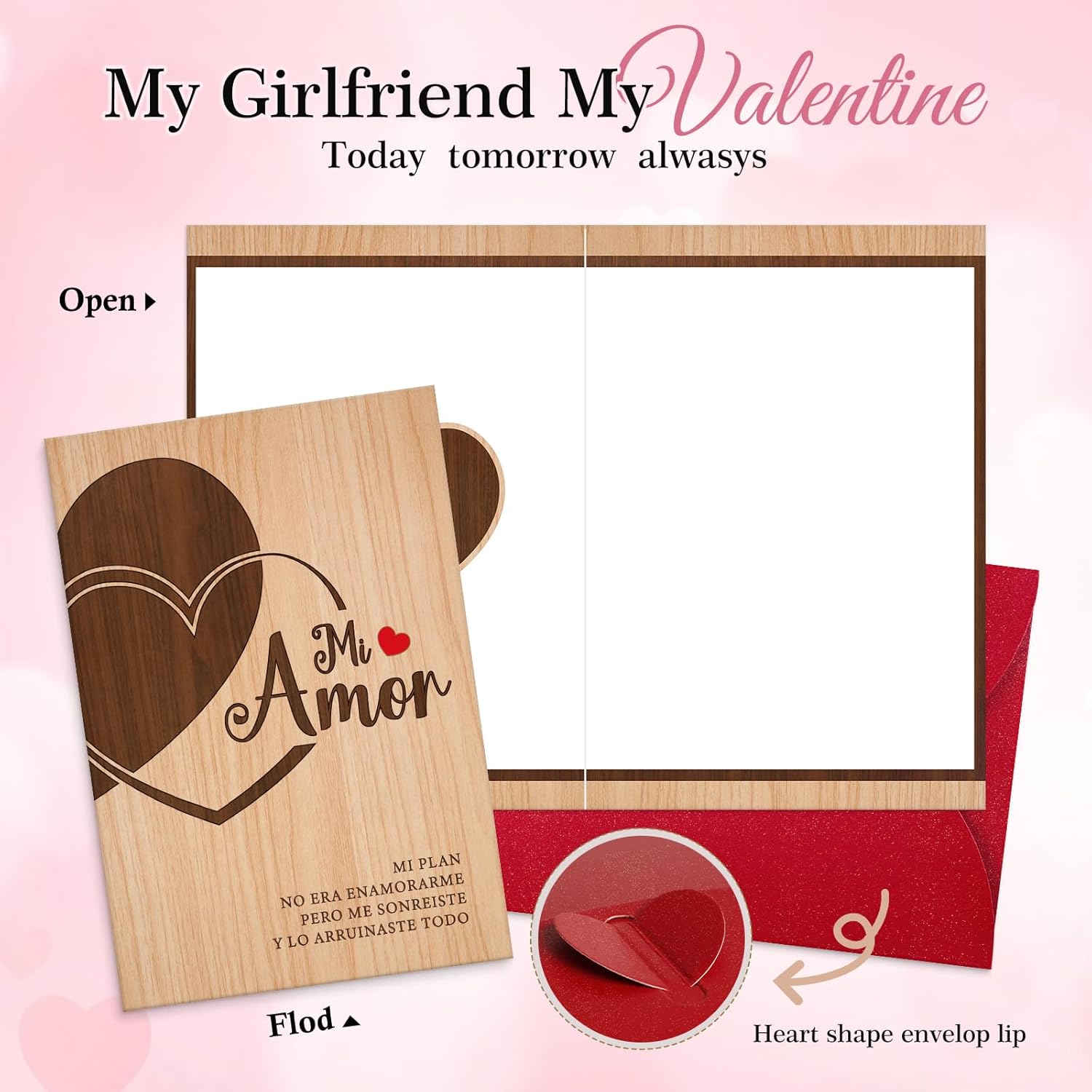 Valentines Day Card - Anniversary Card & Valentine Cards For Him/Her/Husband/Wife/Couple,Wooden Hearts Cover Design With Envelope - Inside Blank