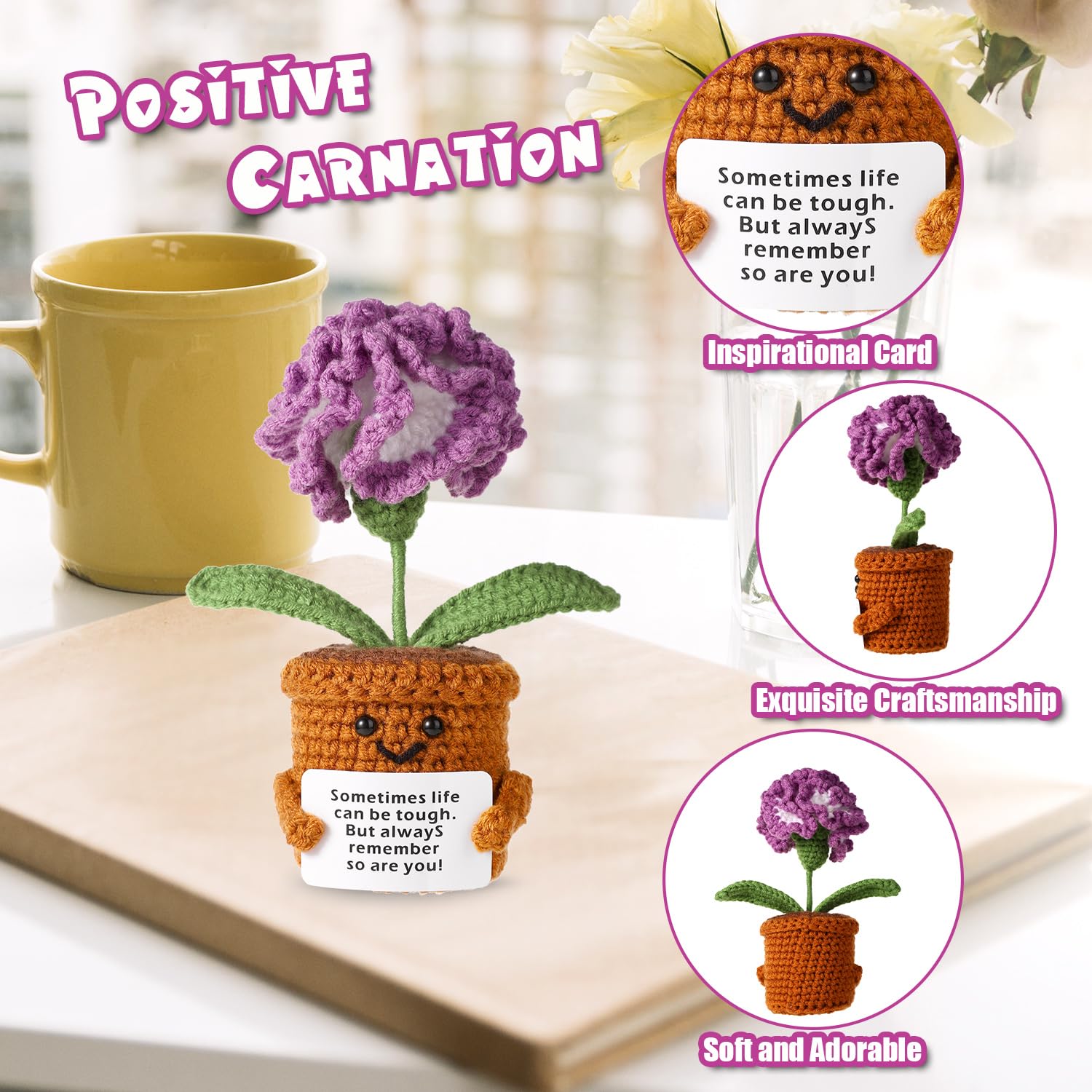 Positive Carnation, Crochet Carnation Flower Positive Flower Plant Crocheted Potted Flower Knitted Carnation Flower For Home Decoration Inspirational Gift(Purple)