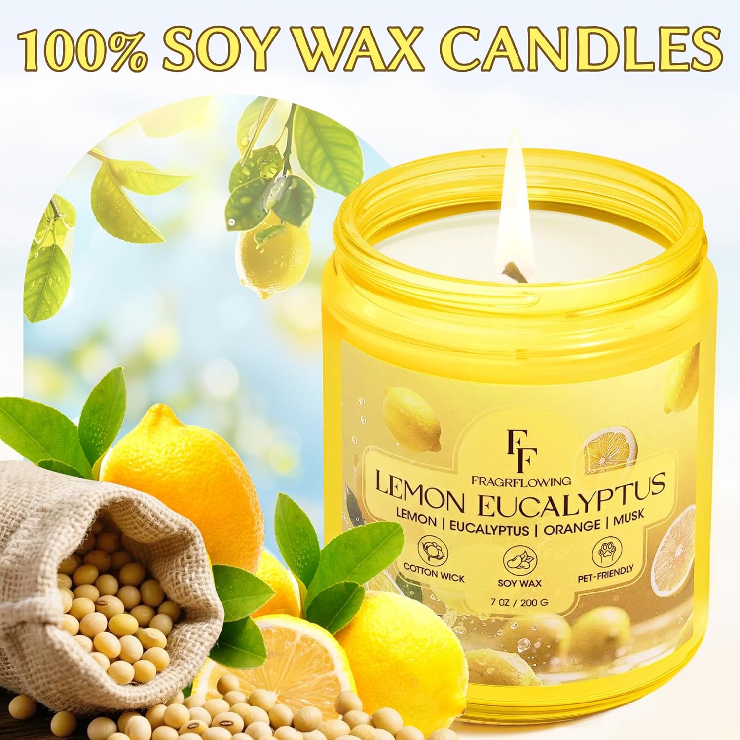Lemon Eucalyptus Scented Candle, Natural Soy Wax Jar Candle For Home Scented, 100-Hour Burn Time Gifts For Women Men, 7 Oz (2 Pack)