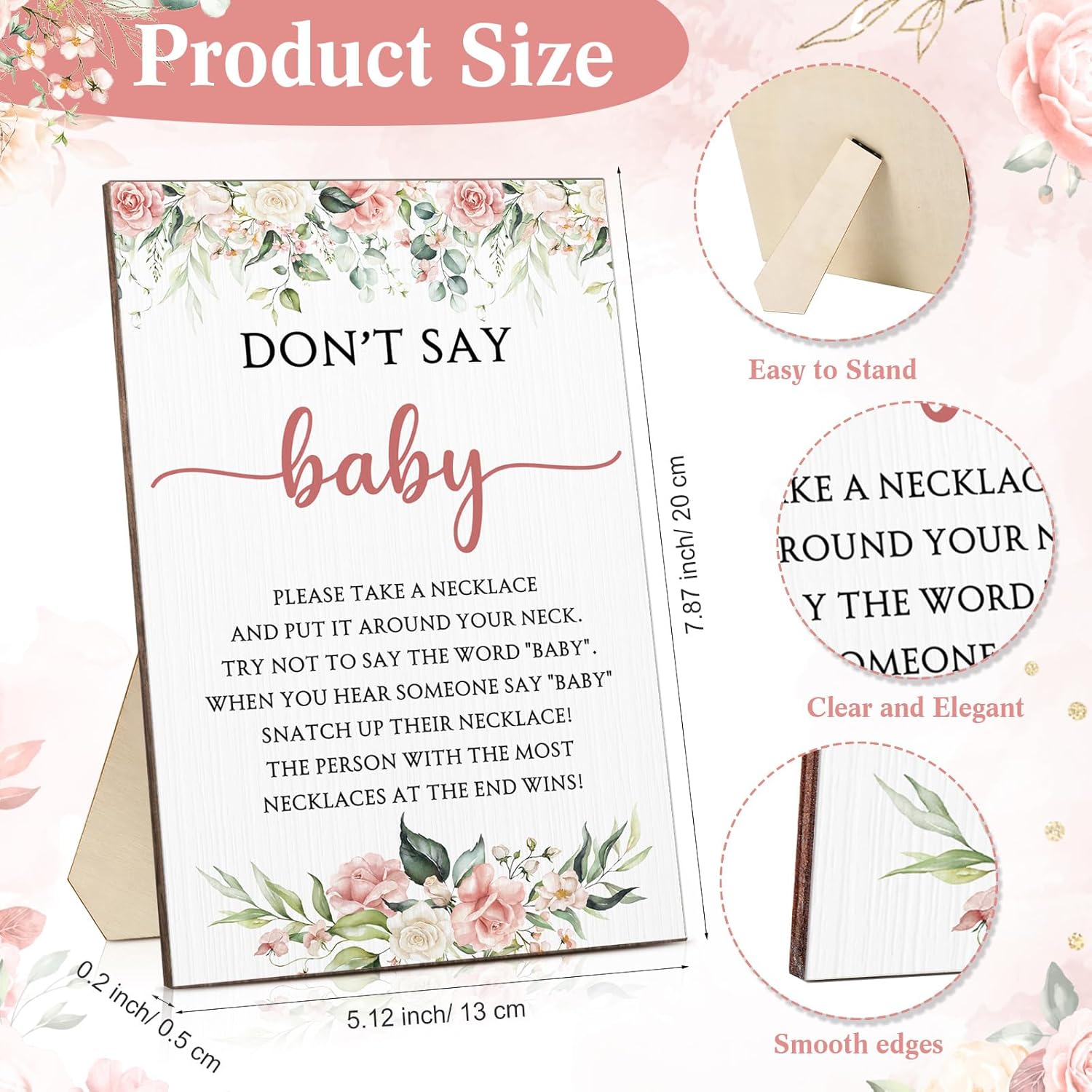 51 Don'T Say Baby Shower Game Pink Rose Baby Shower Decorations Included Rose Game Sign Wood Table Sign 50 Felt Floral Necklaces For Gender Reveal Party Favors