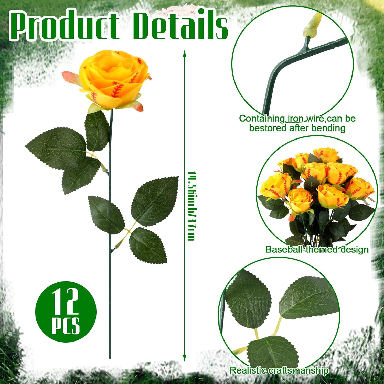 12 Pcs Softball Rose With Leaves Bulk Artificial Fake Roses Decor Sports Flower Gifts For Table Centerpieces Graduation Wedding Gifts Sports Theme Rose Bouquet Party Favors