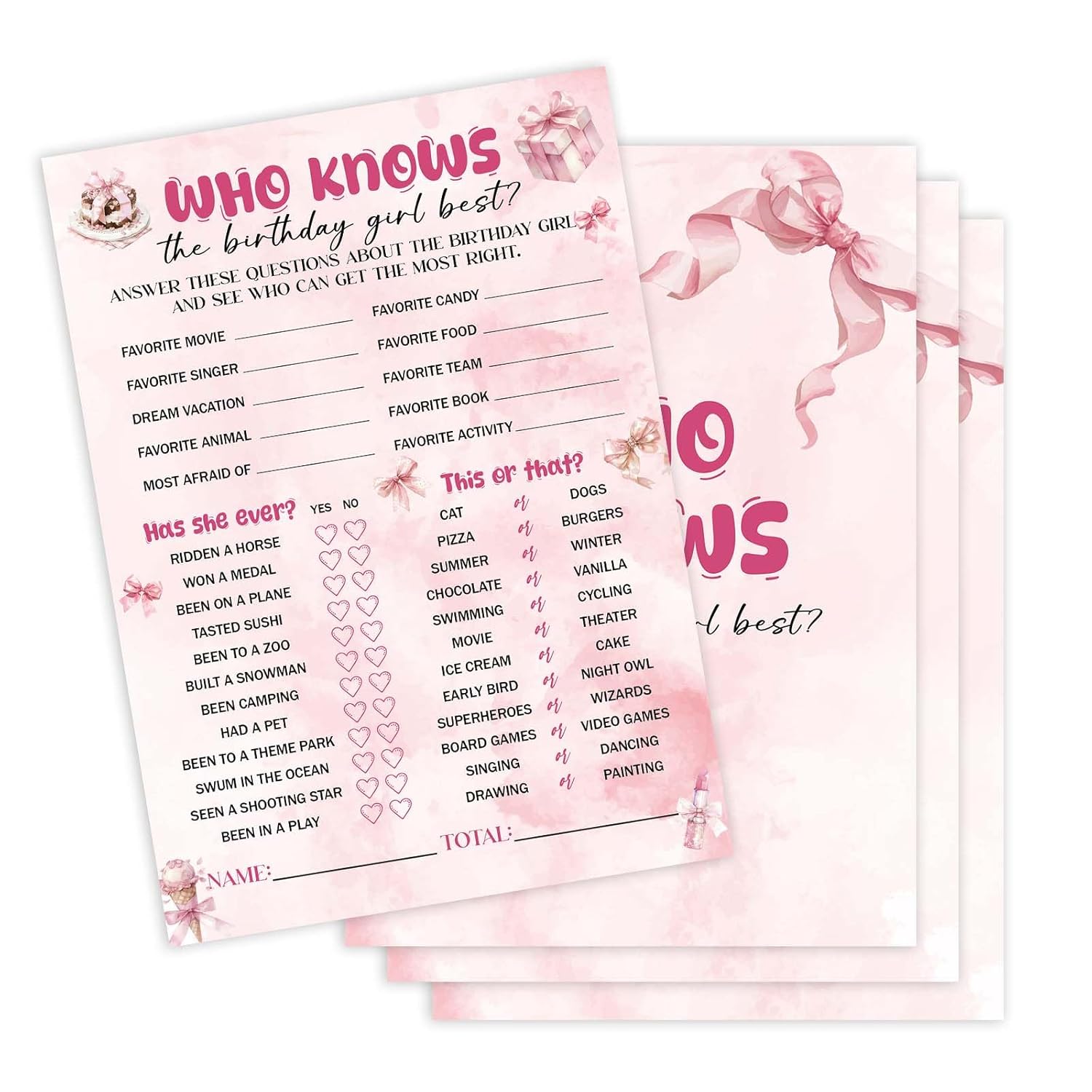 Who Knows The Birthday Girl Best, 25 Pcs Pink Bow Birthday Party Game Cards For Girls, Slumber Sleepover Party Games Decorations Supplies - A03