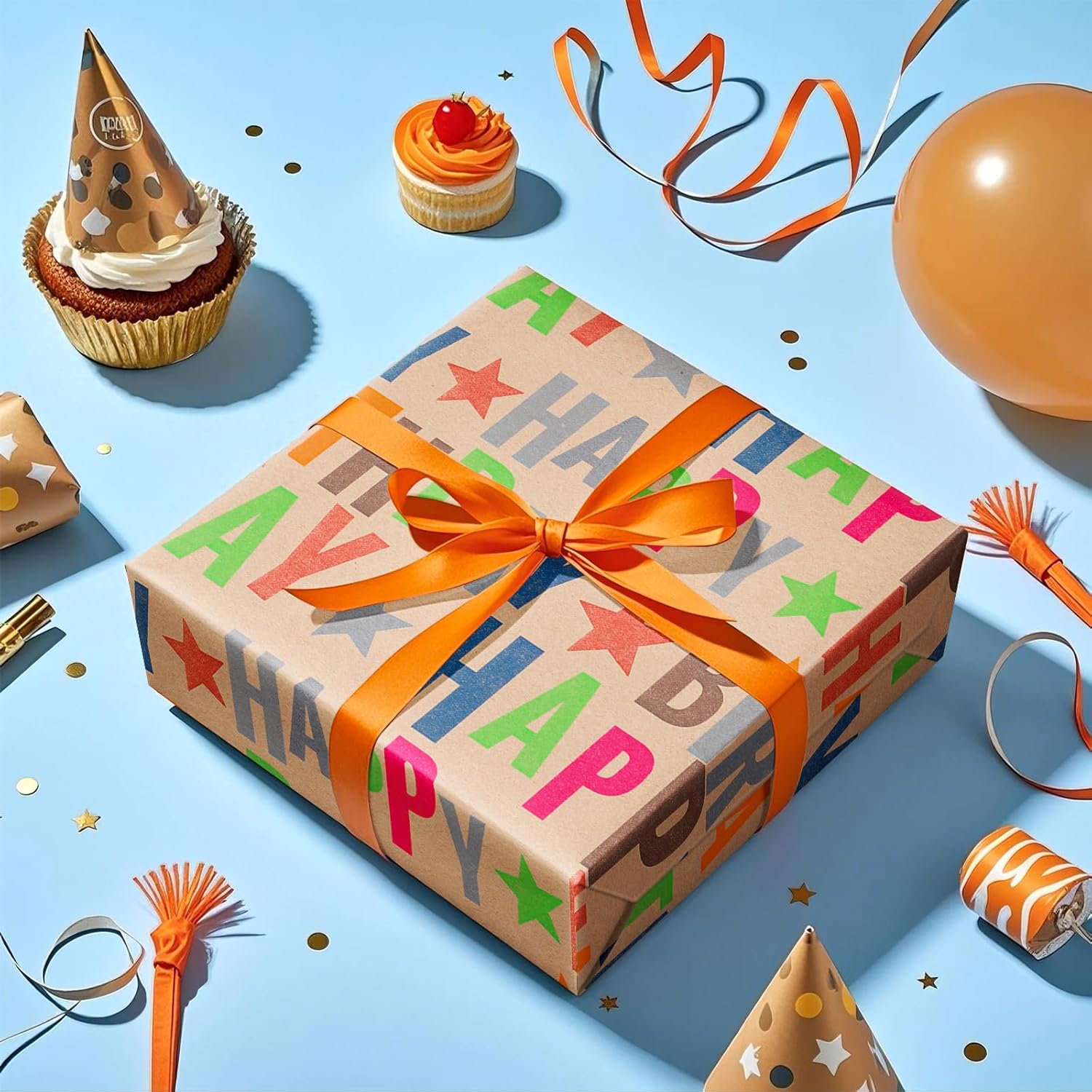30" X 32.8' Birthday Wrapping Paper Large Kraft Paper Roll For Boys Girls, Jumbo Roll, Colorful Text Happy Birthday And Stars Design Craft Gift Wrap Great For Party, Holiday, 82 Sq. Ft.
