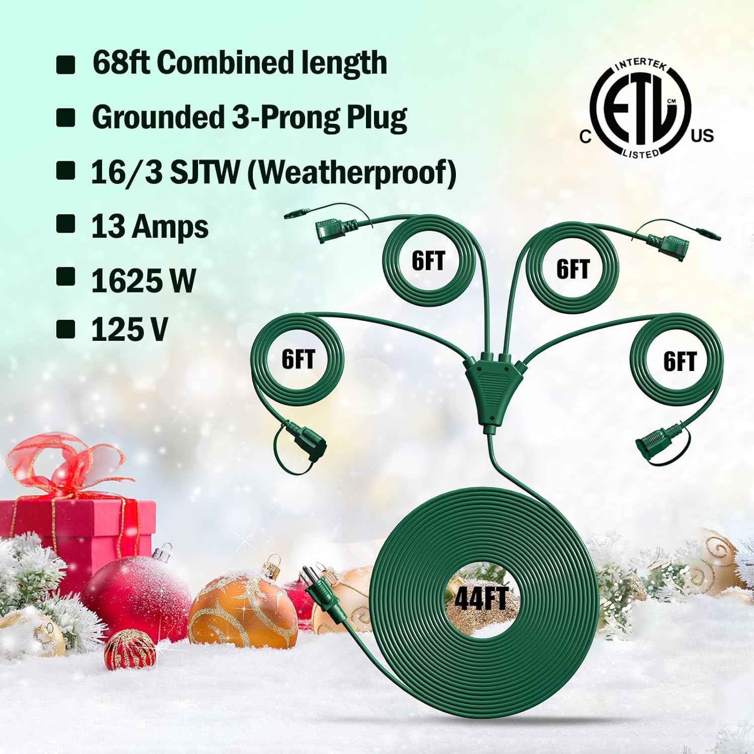 1 To 4 Splitter Extension Cord (Combined 68 Ft, End To End 50 Ft), 3 Prong Plug With 4 Outlets With Weatherproof Covers For Indoor And Outdoor Holiday Christmas Decroations