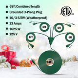 1 To 4 Splitter Extension Cord (Combined 68 Ft, End To End 50 Ft), 3 Prong Plug With 4 Outlets With Weatherproof Covers For Indoor And Outdoor Holiday Christmas Decroations