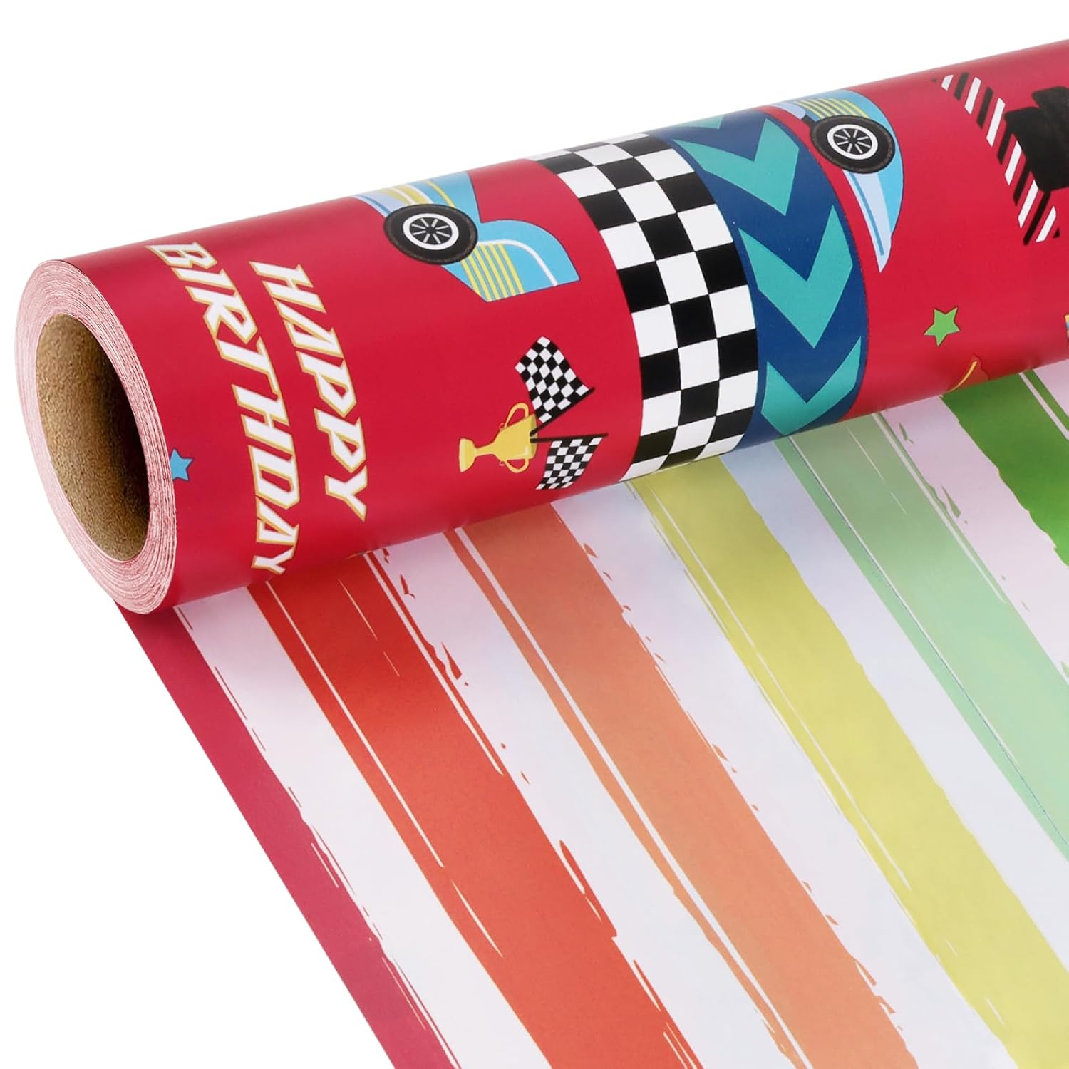 Reversible Race Car Wrapping Paper - 17 Inches X 33 Feet (47 Sq. Ft. Ttl.) - Racing Cars And Colorful Stripes Design For Birthday, Baby Shower, Party, Holiday, Boys Girls Kids