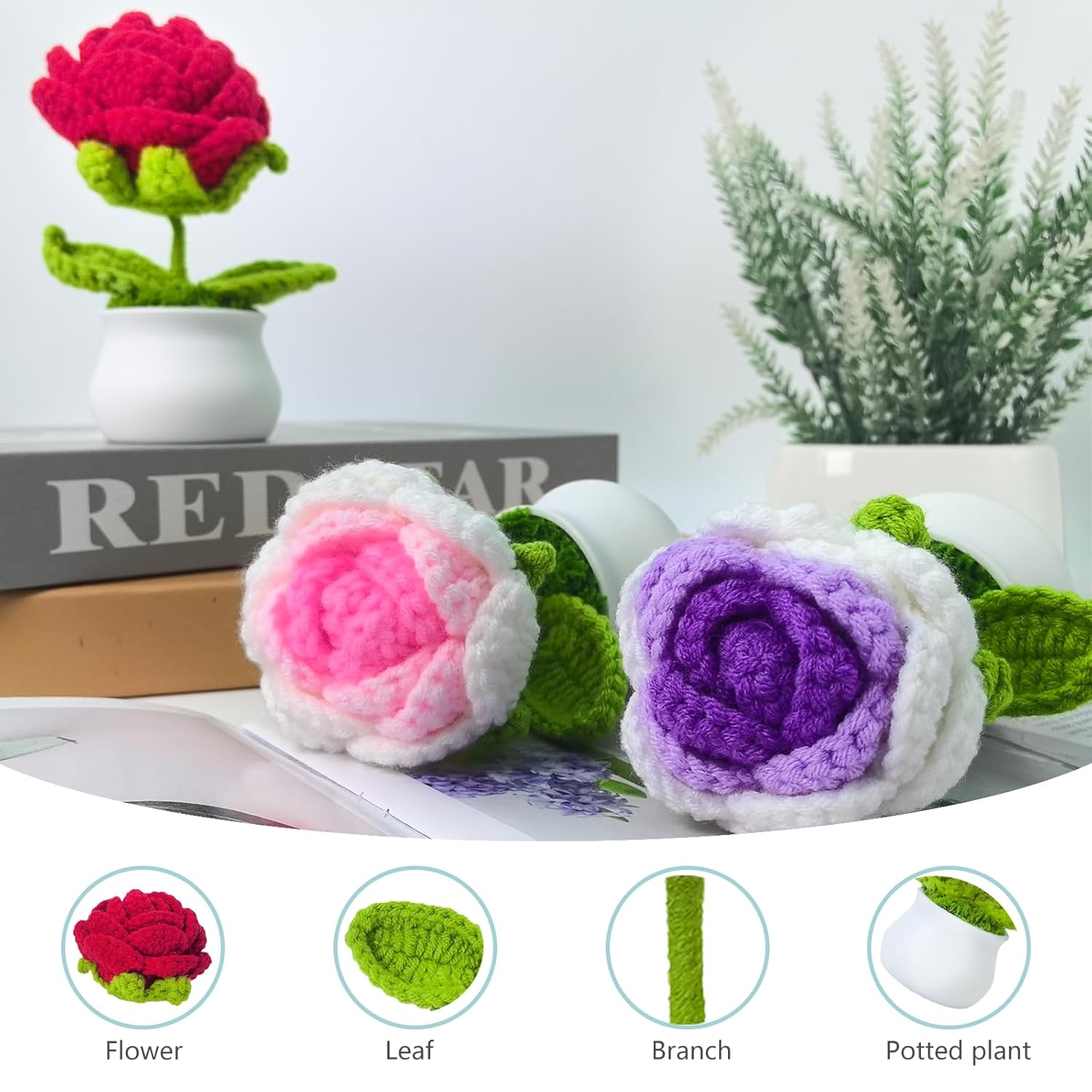 3 Pcs Crochet Flowers Artificial Sunflower Small Potted Plants For Home Desk Car Office Decor Birthday For Mom Teacher Women Friends (Single Head Rose)