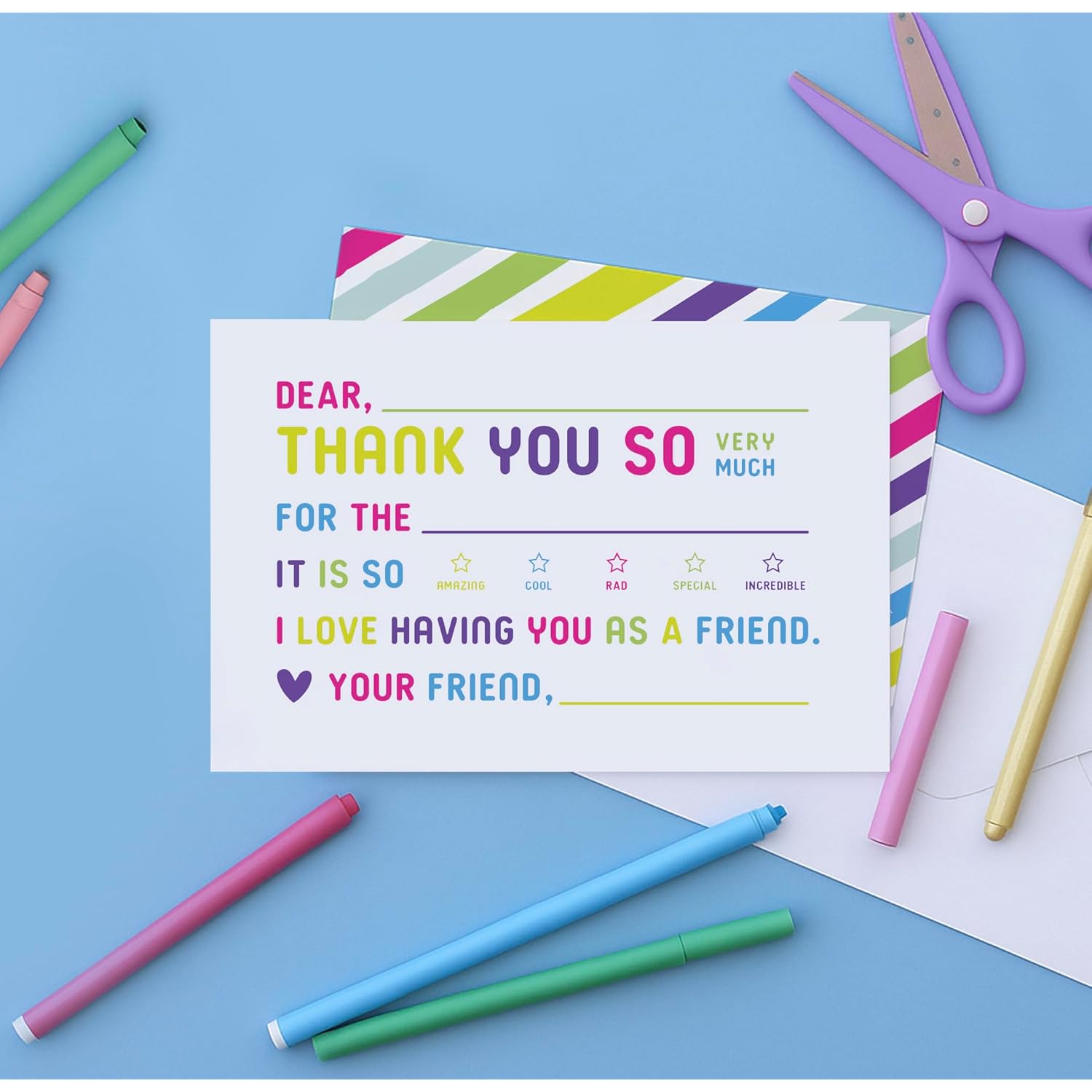 25-Pack Kids Fill-In-The-Blank Thank You Cards With White Envelopes - 4X6 Double-Sided Postcards | Fun And Colorful Design For Birthdays, Holidays, And More (Colorful)
