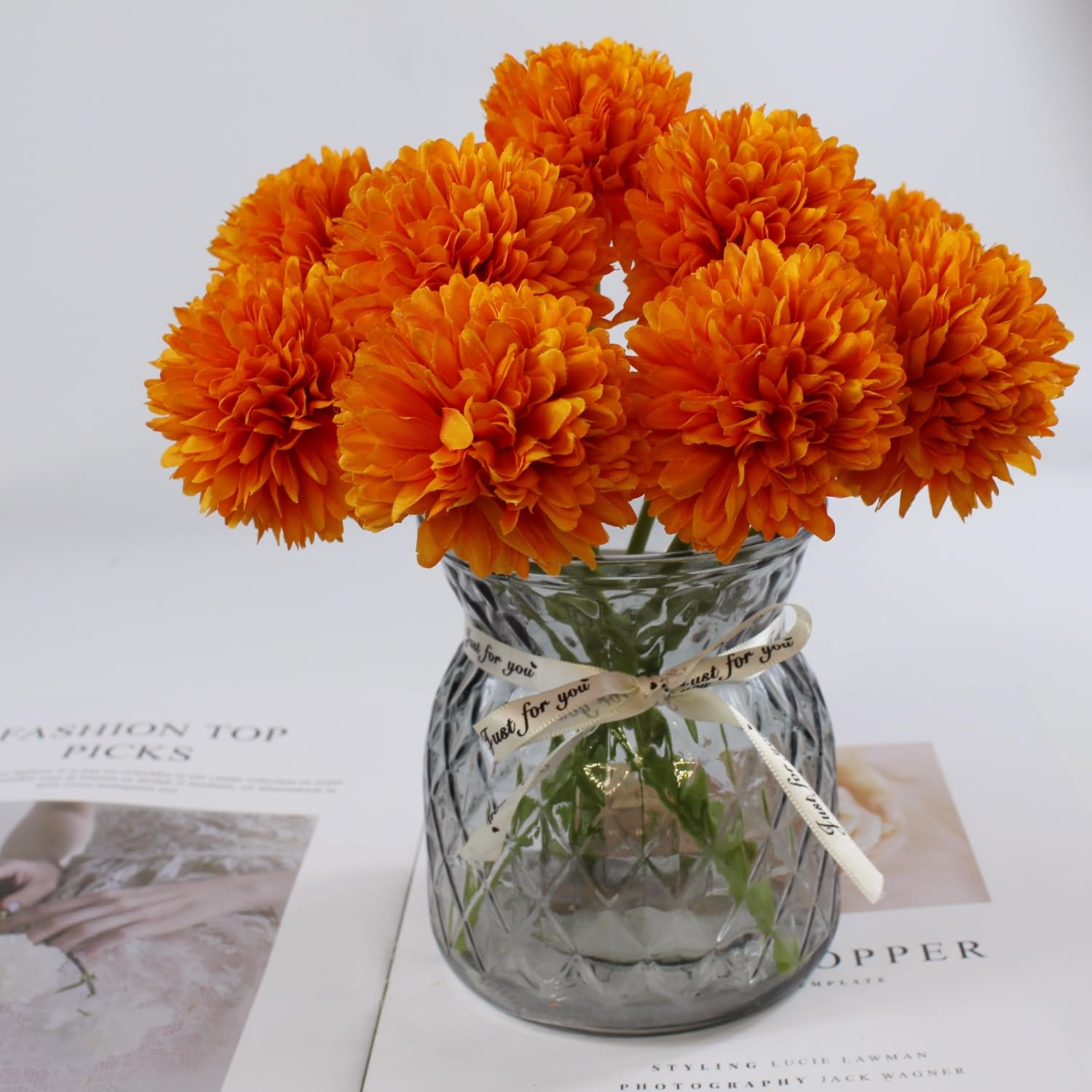 Artificial Silk Faux Chrysanthemum Flower Bouquets, 12 Pcs Orange Fall Flowers, For Autumn Home Decor, Diwali Decorations, Table Centerpieces, Fall Floral Arrangements (12, Orange)