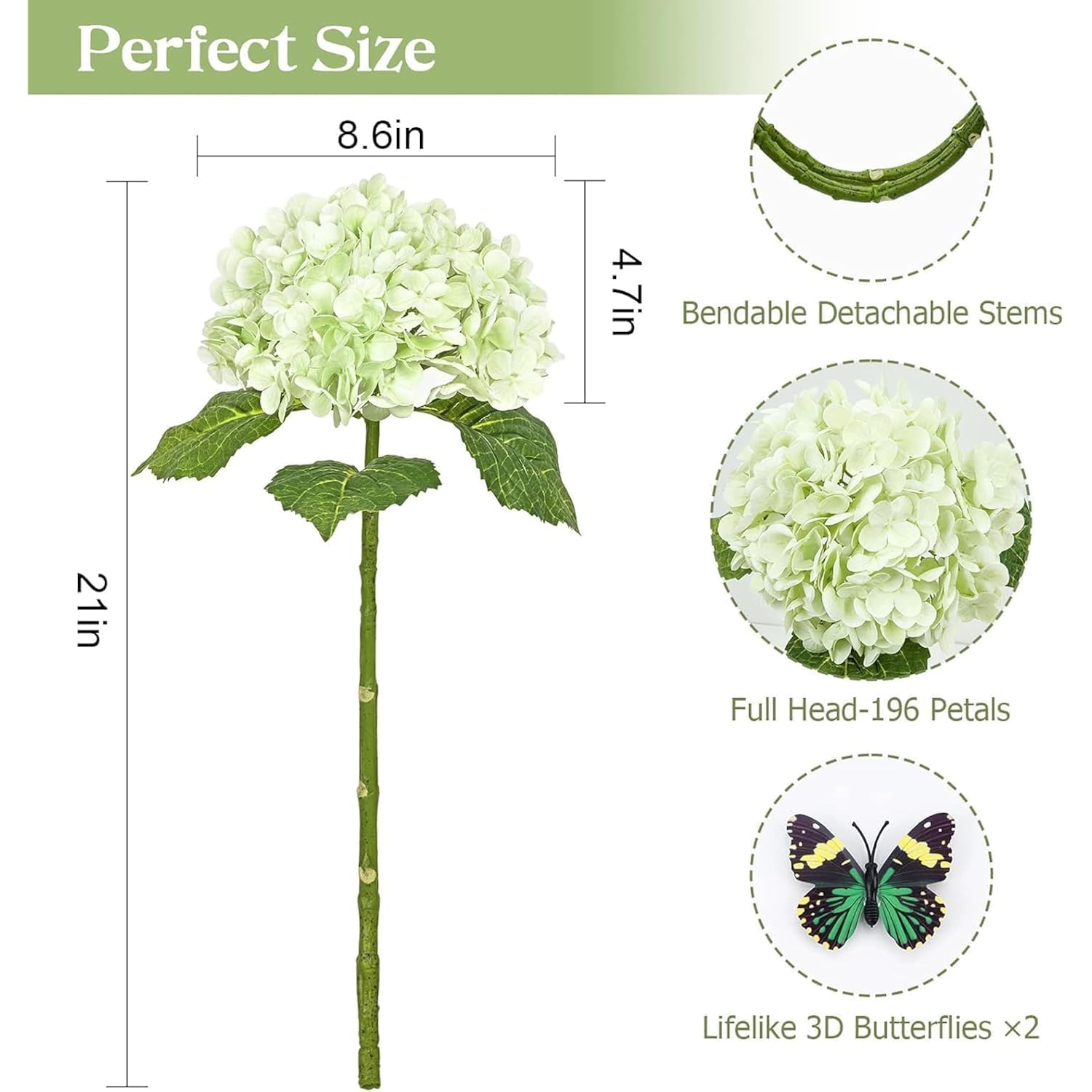 4 Pcs Hydrangea Artificial Flowers, 2 Green & 2 White Real Touch Flowers, 21" Faux Hydrangea Flowers, Fake Hydrangea Flowers For Outdoor Wedding Office Home Decor Table Centerpieces