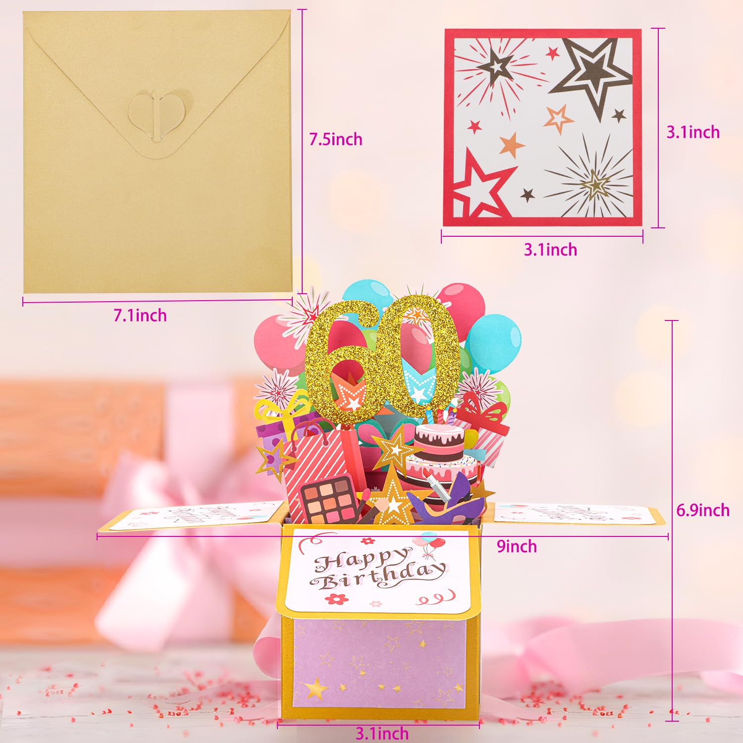 Pink 3D 60Th Birthday Greeting Card With Envelope, Unique Handmade 60Th Birthday Gift Box Card For Her Women Mom Wife Sister Grandmother