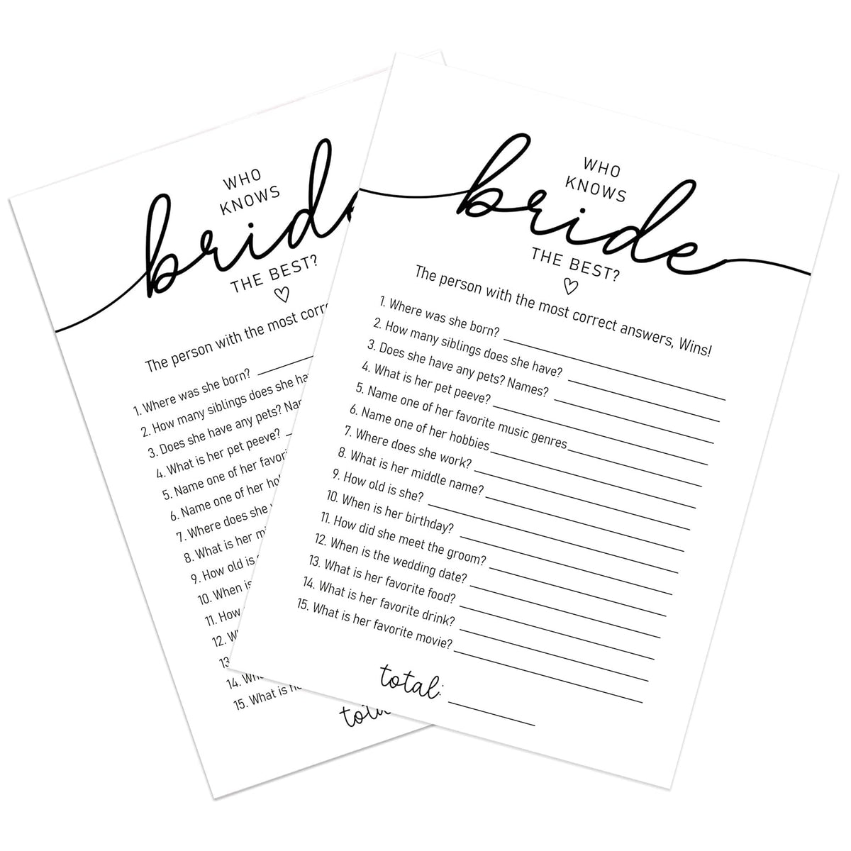 Who Knows The Bride Best Game, Bridal Shower Questionnaire Cards, Minimalist Wedding Game, How Well Do You Know The Bride, Bridal Shower Games, Bachelorette Party Games -Wktb04