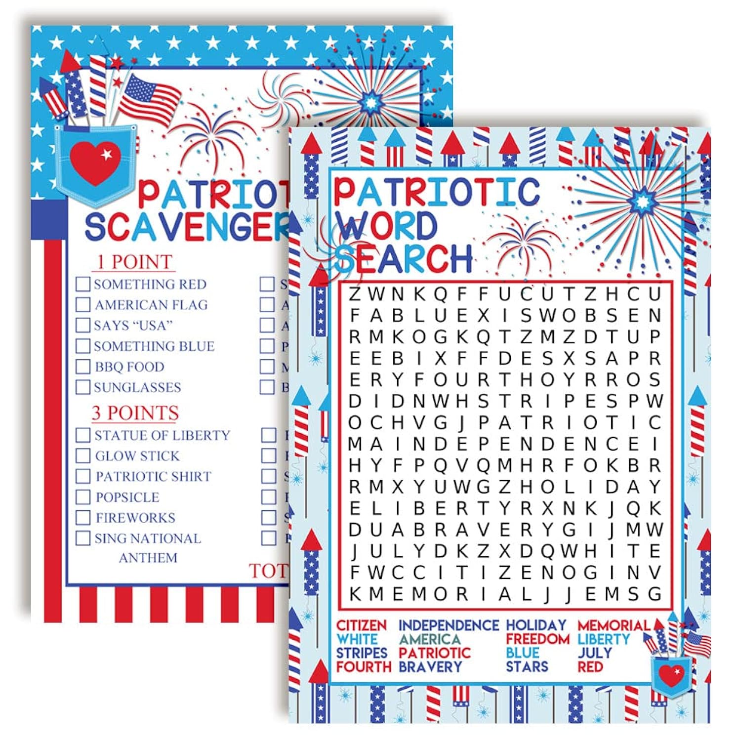 Food, Friends & Fireworks Word Search And Scavenger Hunt Patriotic Game Cards, Ten 5" X 7" Fill-In Game Cards