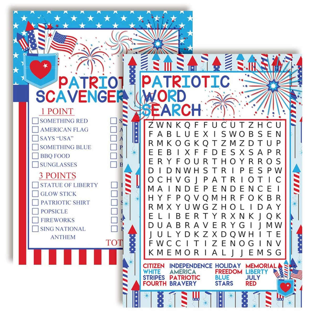 Food, Friends & Fireworks Word Search And Scavenger Hunt Patriotic Game Cards, Ten 5" X 7" Fill-In Game Cards