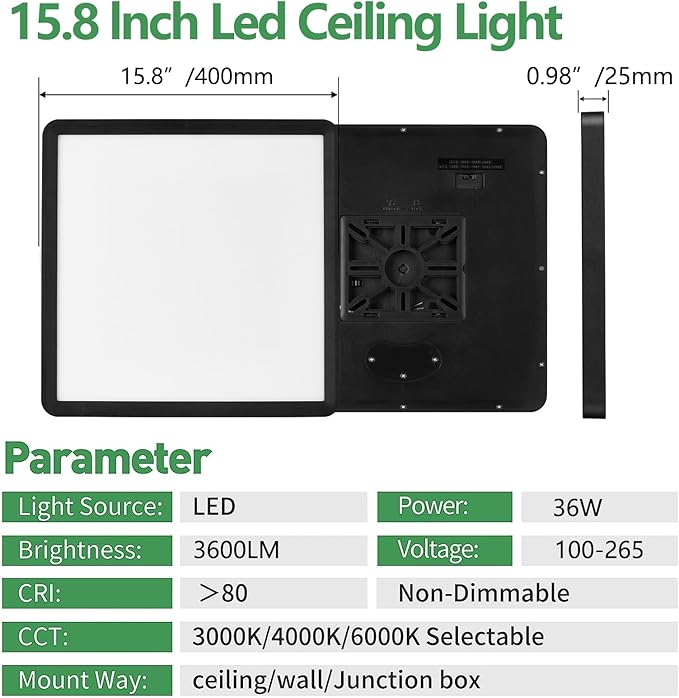 16 Inch Square LED Ceiling Light 36W Black Super Slim Flush Mount Fixture