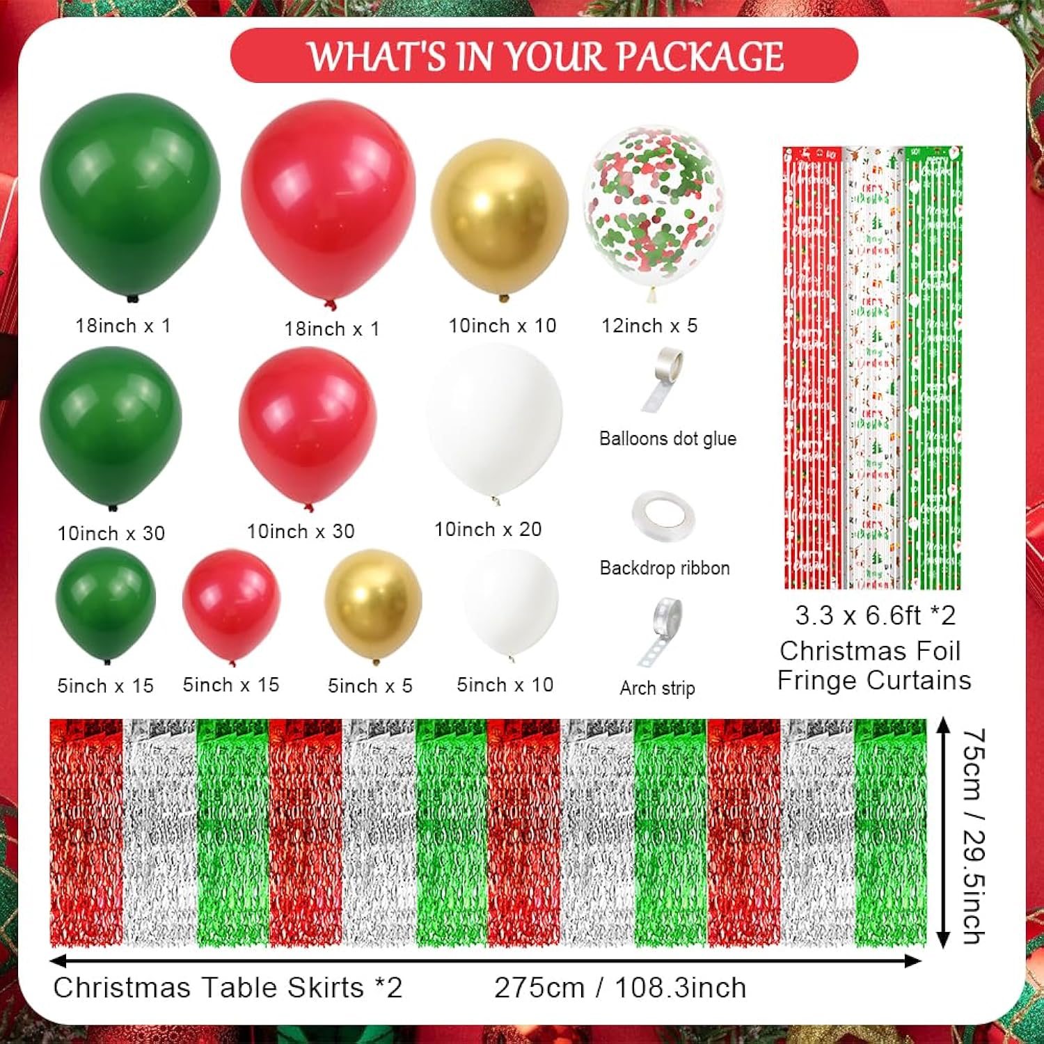 140Pcs Christmas Party Balloon Set, Merry Xmas Balloons With Table Skirts And Foil Fringe Tinsel Curtains For Winter Holiday Party Decorations