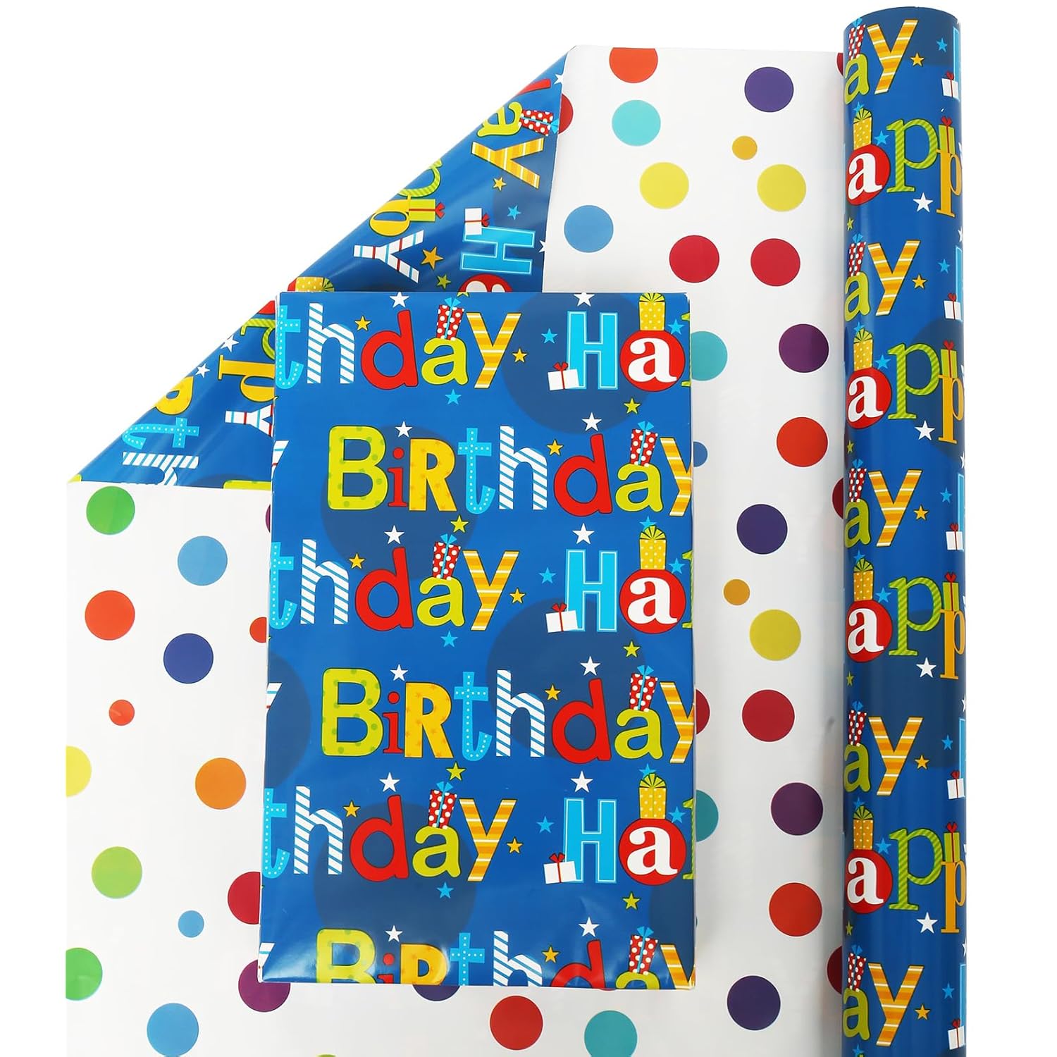 Reversible Happy Birthday Wrapping Paper Roll For Kids Boys Girls Birthday Greeting,Polka Dots Design Gift Wrapping Paper For Women Men Baby Shower Holiday 17.7Inch×394Inch Single Rolls