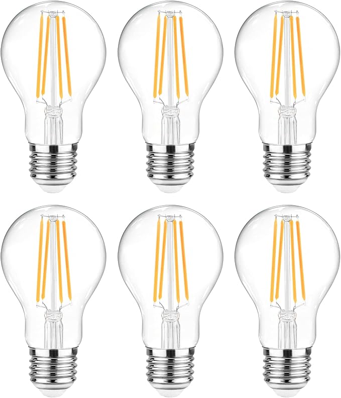 A19 LED Filament Light Bulbs 6 Pack 60W Equivalent 2700K Warm White E26 Clear Glass Non Dimmable