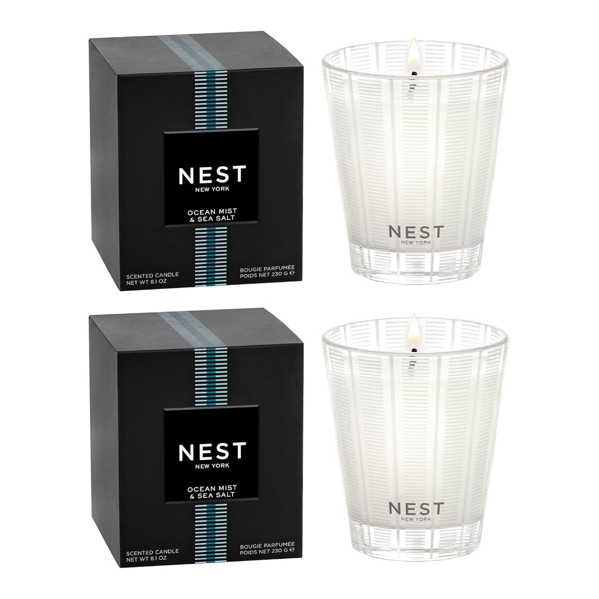 Scented Classic Candle Duo, Ocean Mist & Sea Salt - 8.1 Oz, Pack Of 2 - Up To 60-Hour Burn Time Each - Reusable Glass Vessel