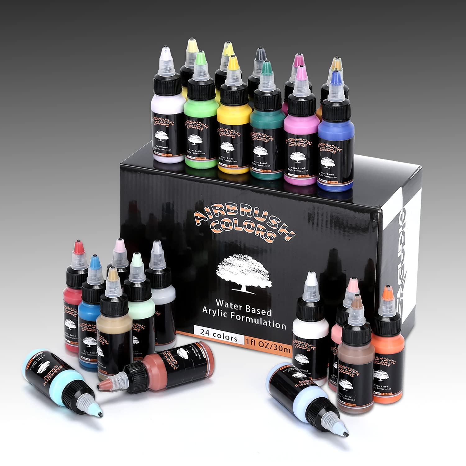 Acrylic Airbrush Paint 24 Colors (30 Ml/1Fl Oz) With Color Wheel Ready To Painting Set, Water Based Waterproof Quick Drying For Model, Shoes, Leather, Wall
