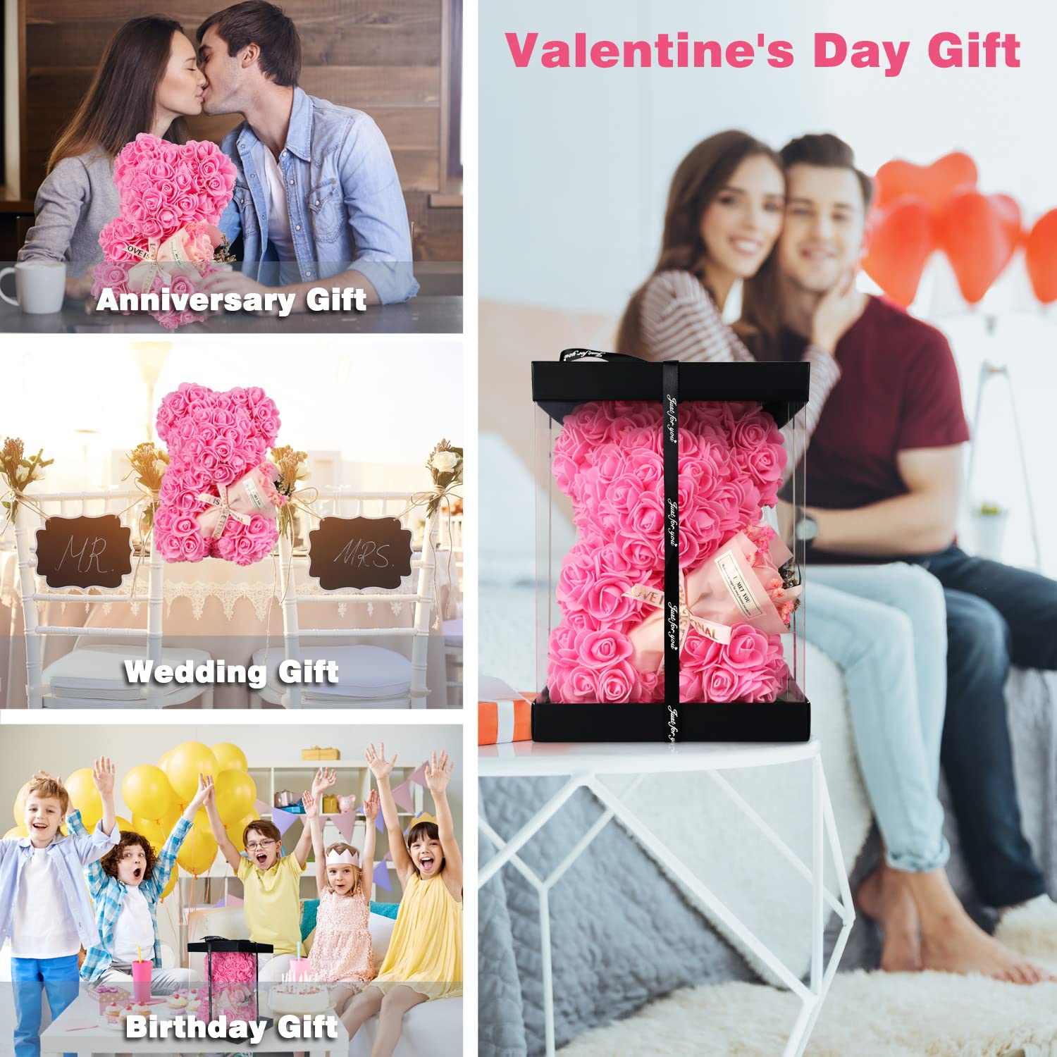 Rose Bear Gift For Mom, Mothers Day Preserved Rose Teddy Bear With Gift Box & Greeting Card – Handmade Flowers Bear For Women, Anniversary, Birthday Gifts For Her