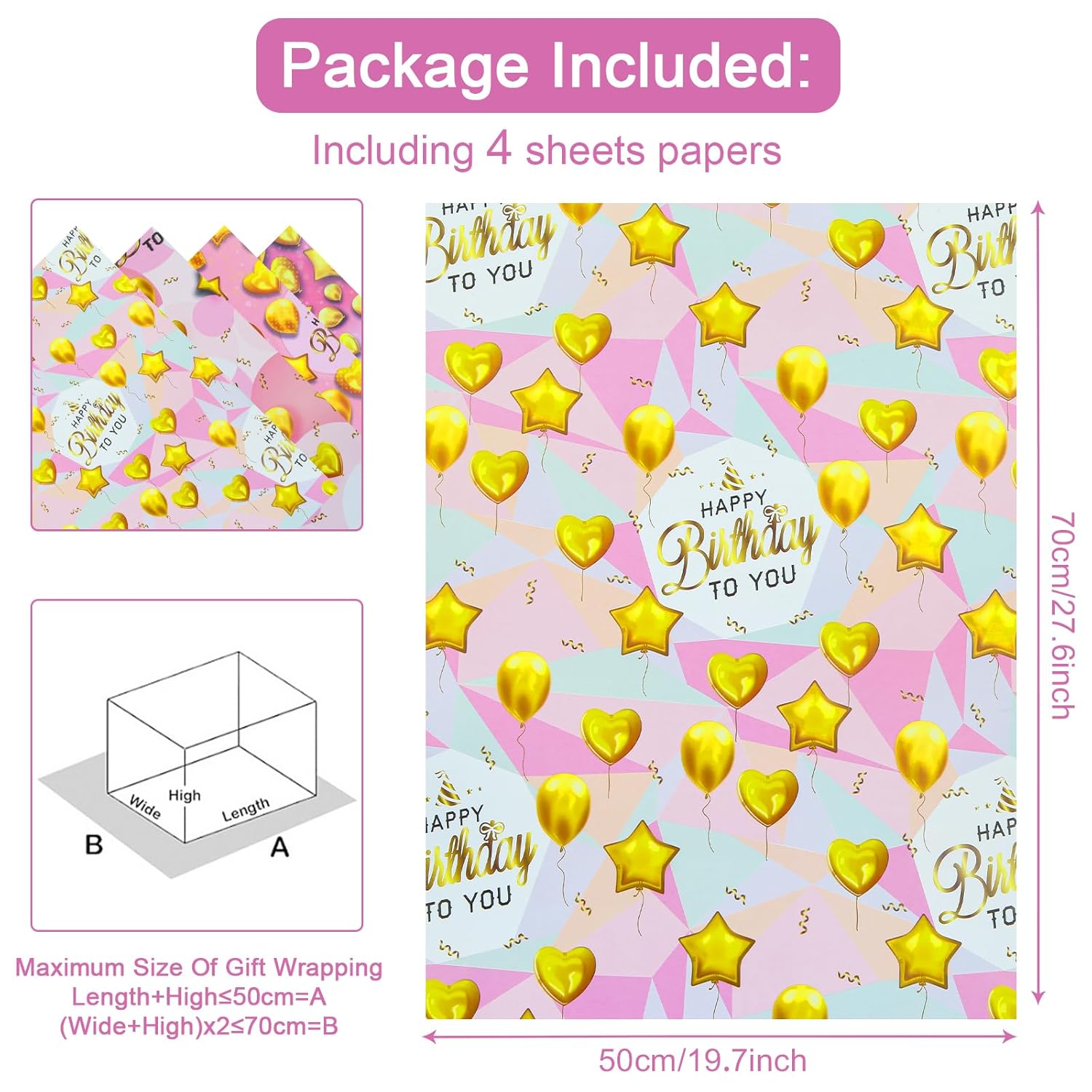 Happy Birthday Wrapping Paper 4 Sheets Pink Gold Gift Wrapping Paper Golden Star Love Heart Balloon Gift Wrap Paper For Mom Dad Birthday Kids Girls Boys Men Women Gift Wrap Paper,28 * 20 Inch