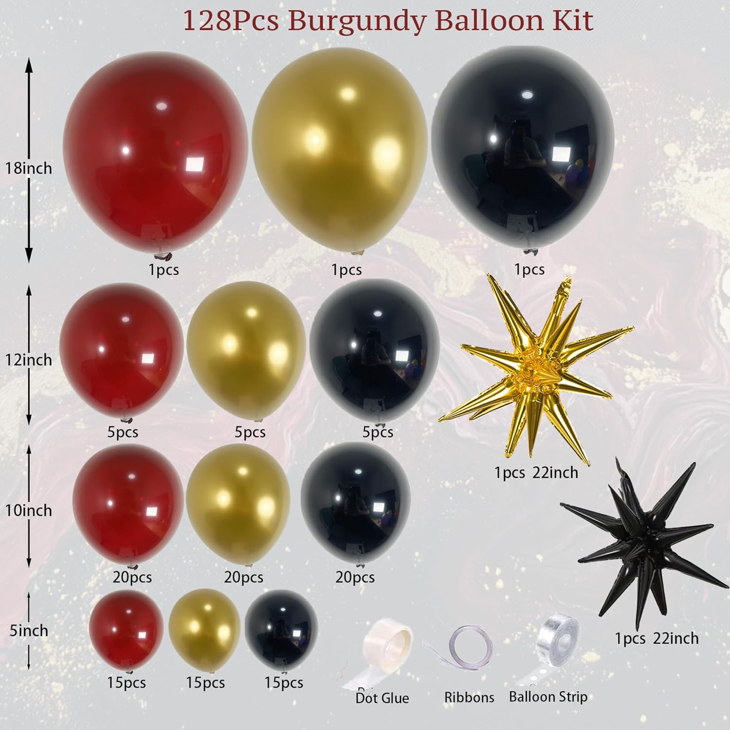 128Pcs Black Gold Burgundy Balloon Arch Garland Kit With Exploding Star Balloons For Party Decoration, Birthday, Christmas,2025 Graduation, New Year,Nye Decor