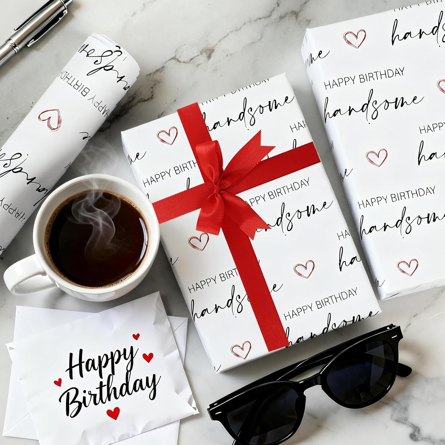 Boyfriend Birthday Wrapping Paper Roll, Handsome Boy Wrapping Paper With Red Heart Pattern For Husband Valentine'S Day Anniversary Party Holiday Father'S Day, 17 Inch X 16.4 Feet