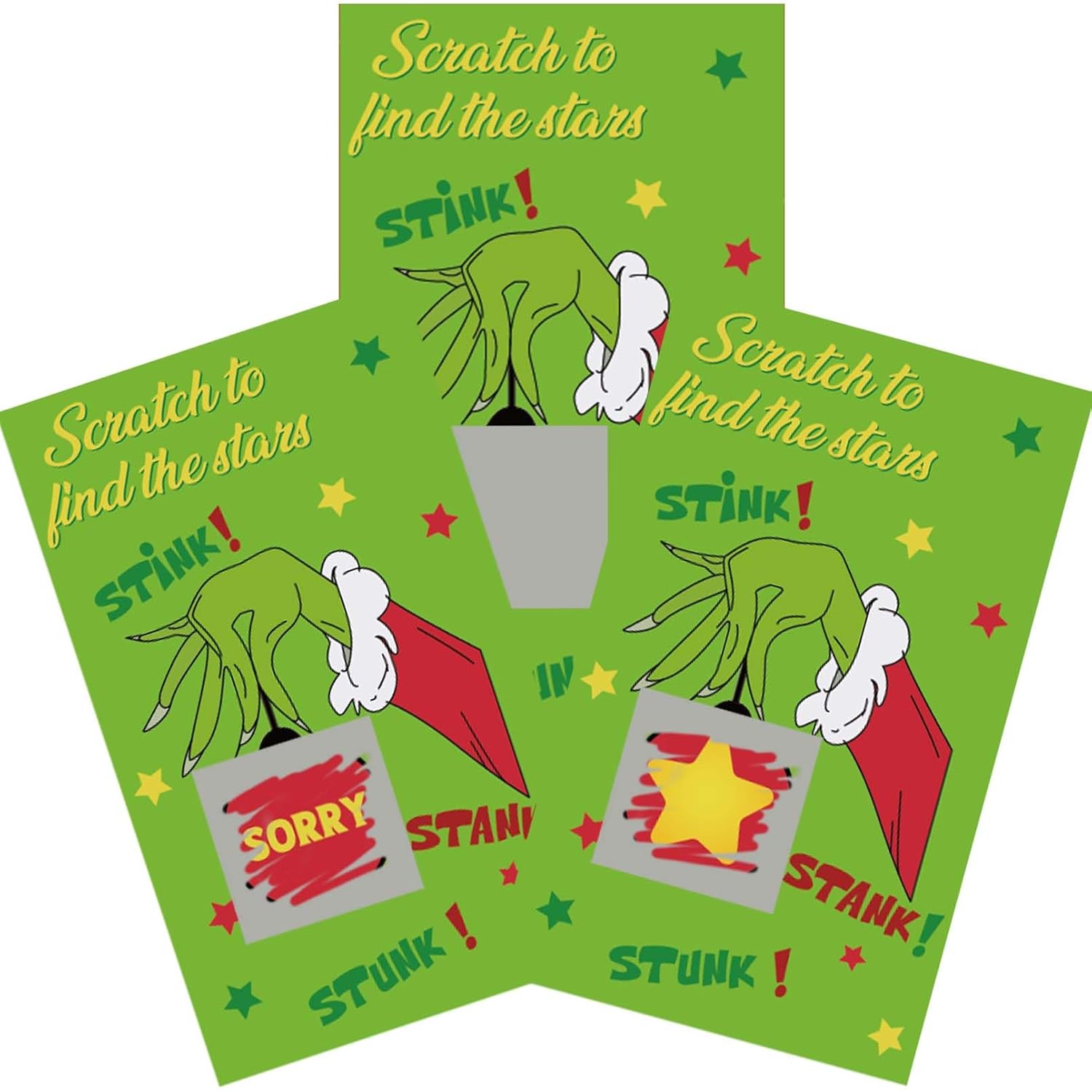 50 Pack Christmas Scratch Off Cards With Stickers For Christmas Party Game, Cartoon Green Xmas Themed Scratch Off Game Cards For Holiday Party Favors Raffle Giveaway Prize Drawing Supplies