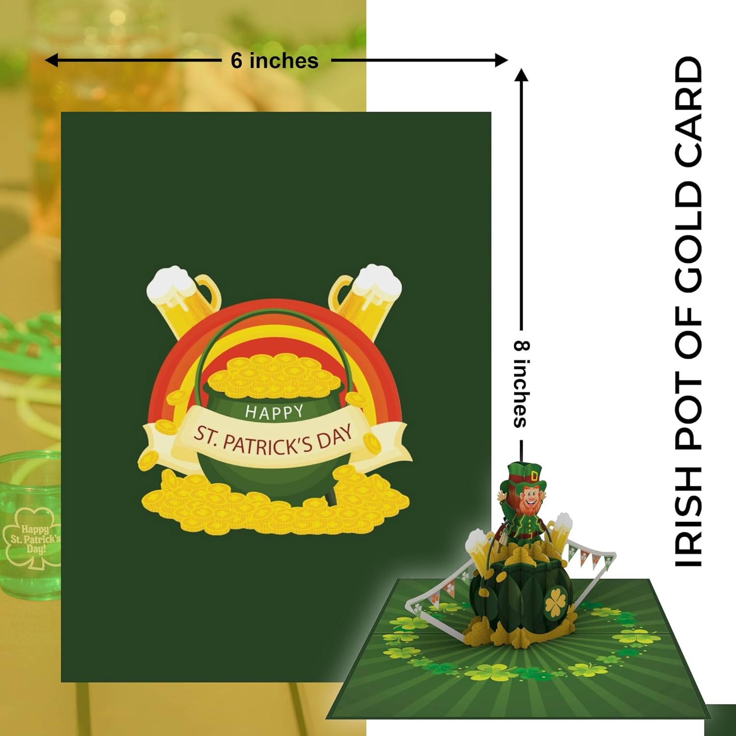 Joyful Leprechaun 3D Pop Up Greeting Card - Happy St. Patrick'S Day Celebration, Irish Festivities, Spring Greenery - Lucky Charms, Four-Leaf Clover, Pot Of Gold, 6"X8" With Envelope
