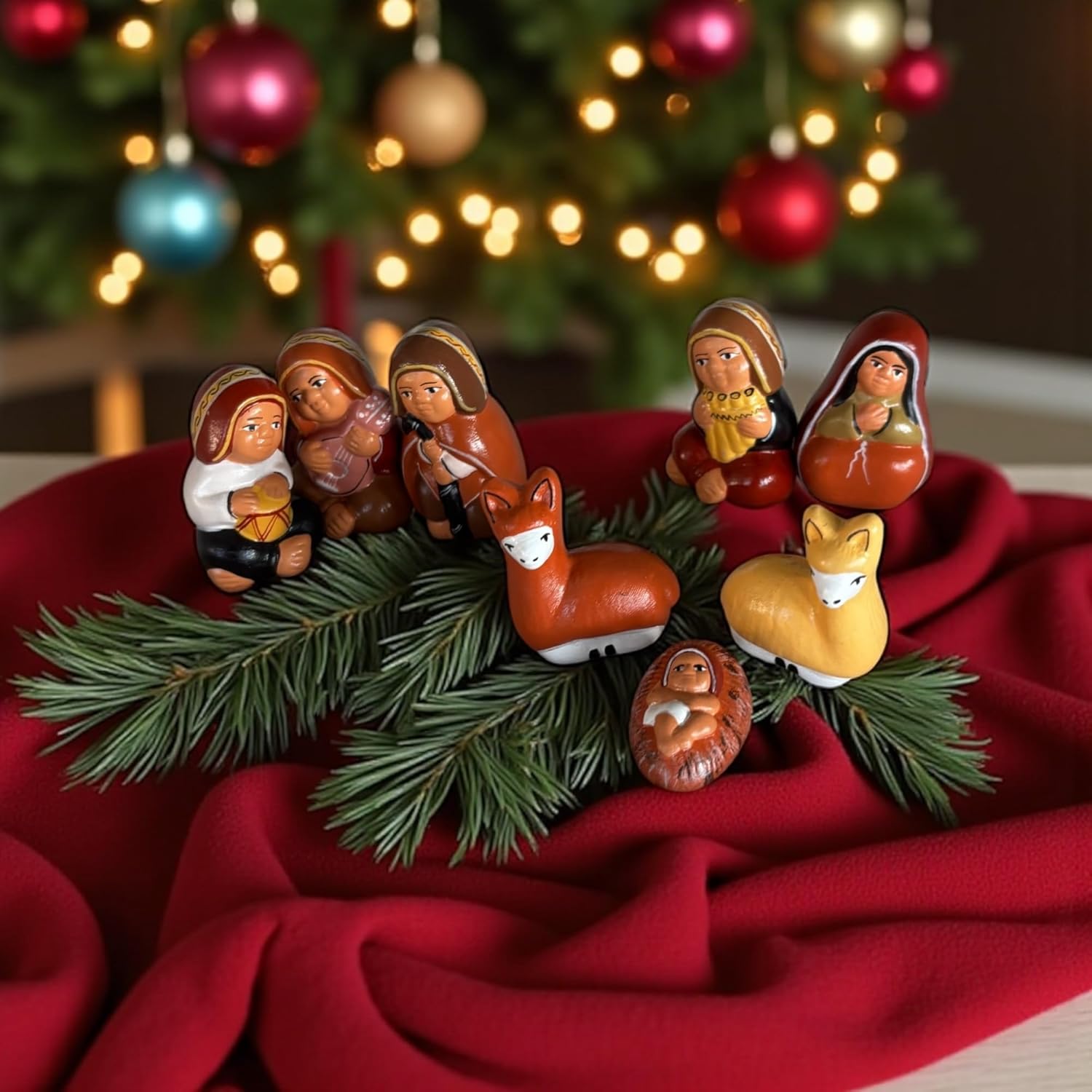 Tiny Peruvian Musical Nativity Scene, Religious Nativity Set For Indoor Christmas Decor, 8-Pcs Set 2" Tall