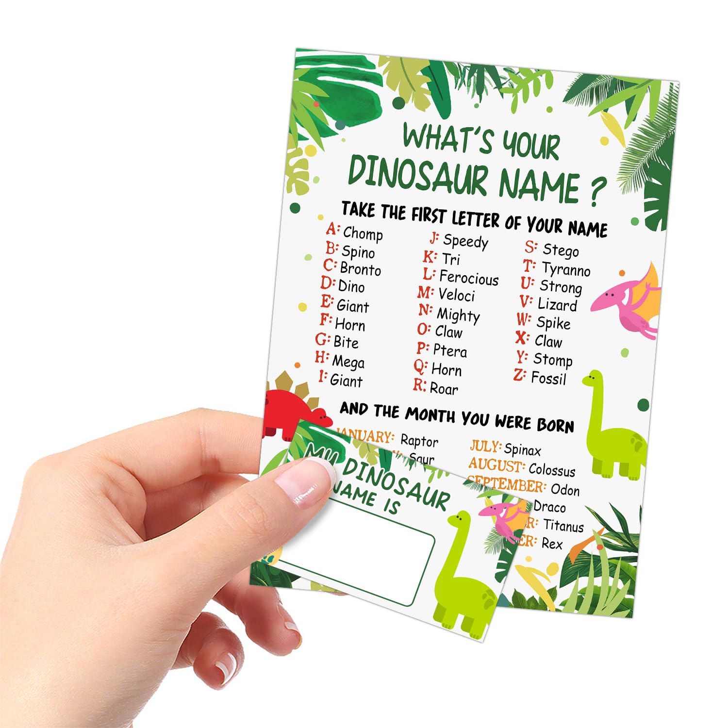 What Is Your Dinosaur Name Game, Game Sign And 30 Cards, Dinosaur Birthday Party Sign For Boys And Girls, Holiday Activity, Kids Dinosaur Activity Cards, Dinosaur Activity Decoration Supplies