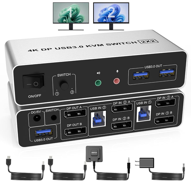 Usb 3.0 Displayport Kvm Switch Dual Monitor 2 Computers, 4K@60Hz Dual Displayp