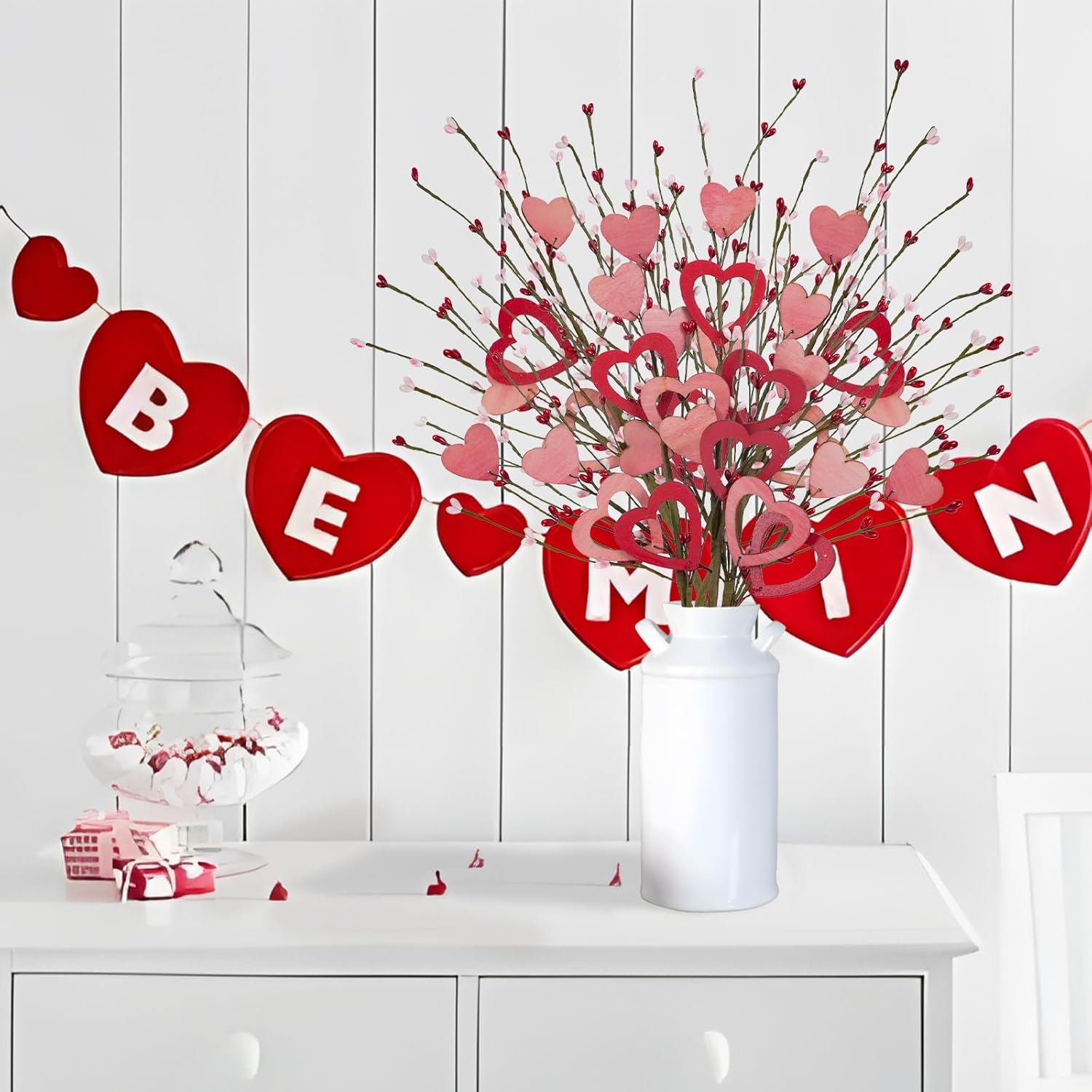 6 Pcs Valentines Day Decor, 23.6In Valentines Day Artificial Flowers Picks Red Pink Artificial Berry Stem With Wooden Heart For Vase Anniversary Home Table Centerpieces Valentine'S Day Decor