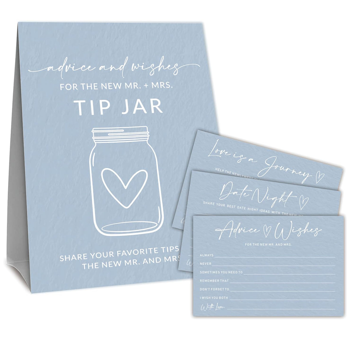 Advice & Wishes Card Kit - 1 Standing Sign & 3 Type Of Advice Cards (15Pcs Each) For Newlyweds, Engagement, Bride & Groom, Date Night Cards, Love Is A Journey, Wedding Party Supplies (Blue) - C02