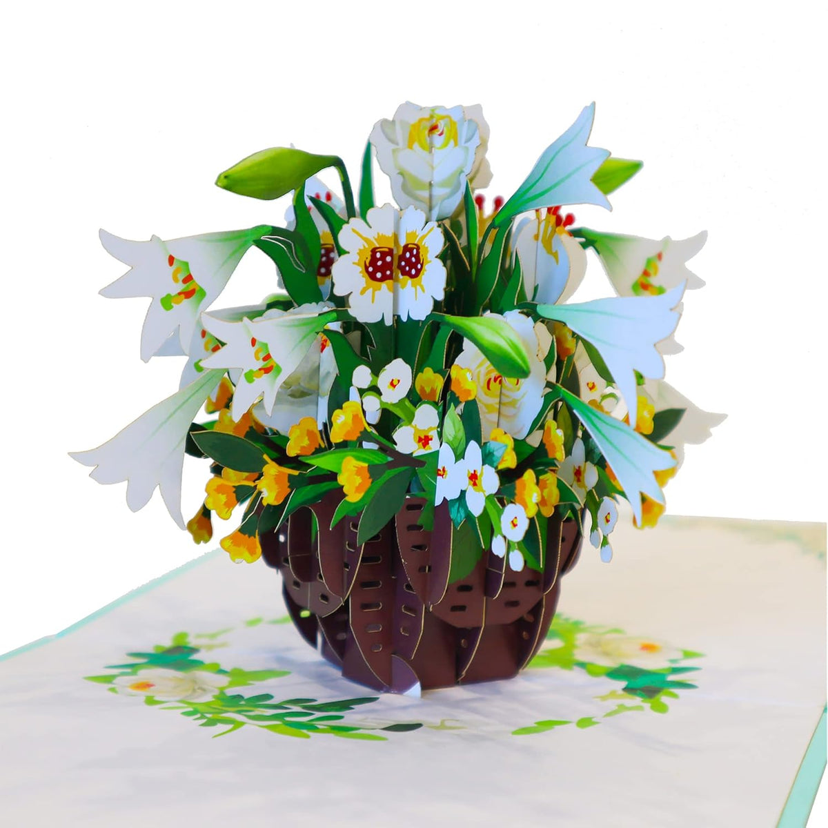 3D Sympathy Pop Up Card White Lily Basket - Premium Italian Paper Handcrafted Gift For Condolences, Thinking Of You (6X6 Inch Keepsake)
