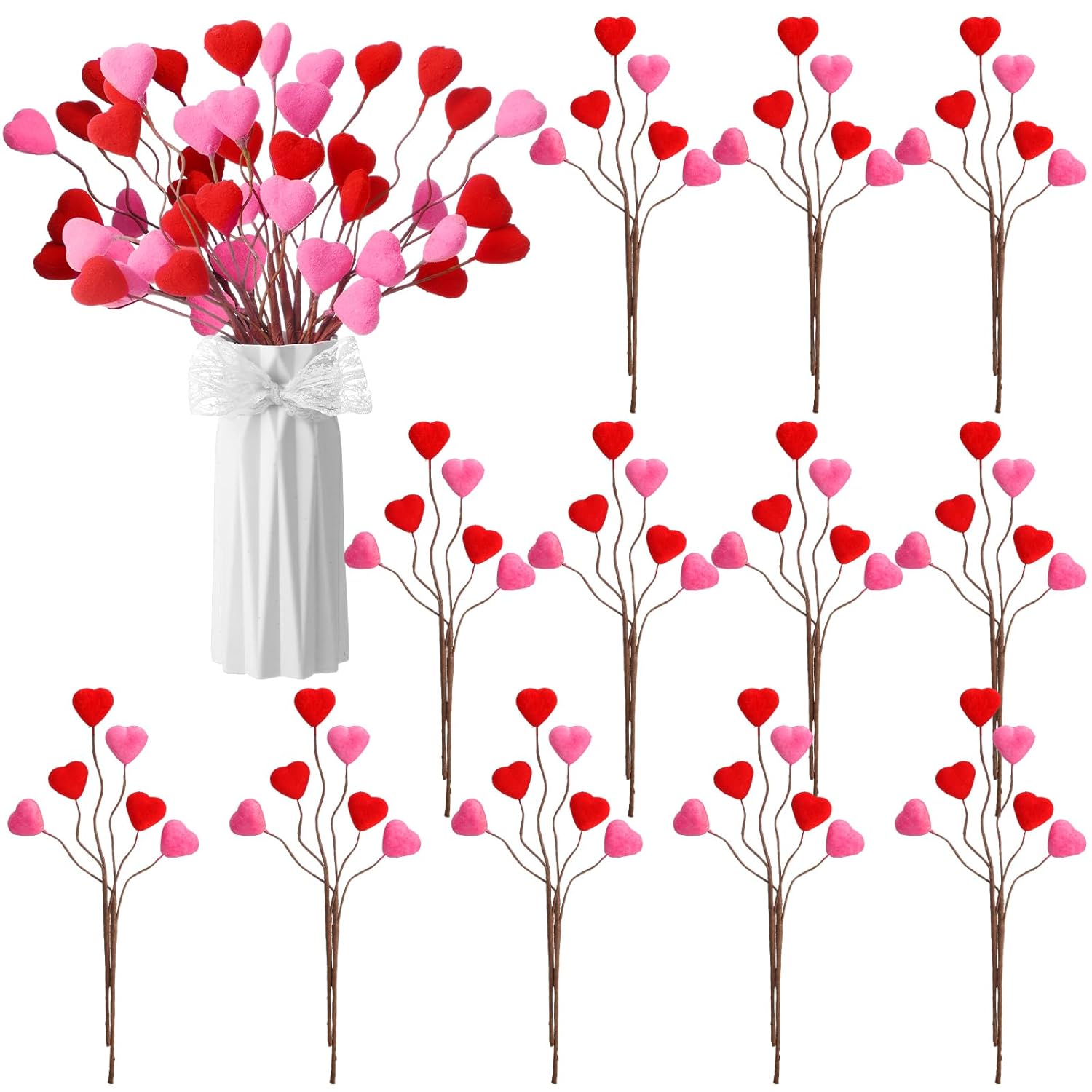 12Pcs Valentine'S Day Decoration Heart Shaped Artificial Berry Stems Valentines Picks Flower Bouquets Flocked Pink Red Decor For Valentine'S Day Home Vase Table Centerpiece Tree Topper
