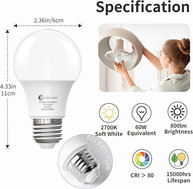 6 Pack A19 LED Light Bulbs 60W Equivalent Soft White 2700K E26 Base 800 Lumens