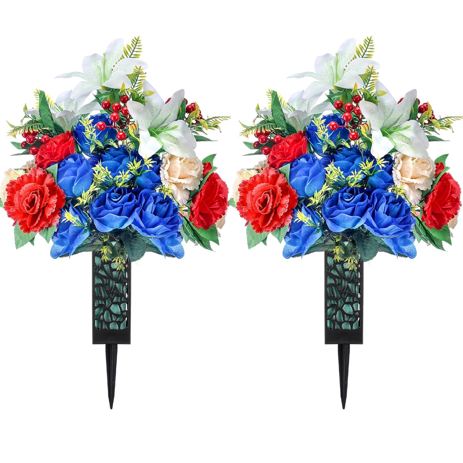 2 Sets Artificial Cemetery Flowers With Vase Artificial Rose Lily Peony Bouquet Graveyard Memorial Flowers For Cemetery Headstones Graveside Graveyard Grave Vase Decoration(White And Blue)