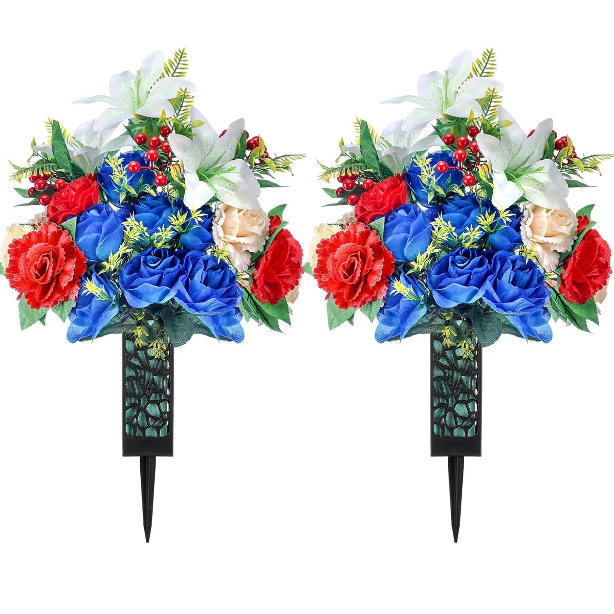 2 Sets Artificial Cemetery Flowers With Vase Artificial Rose Lily Peony Bouquet Graveyard Memorial Flowers For Cemetery Headstones Graveside Graveyard Grave Vase Decoration(White And Blue)