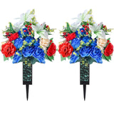 2 Sets Artificial Cemetery Flowers With Vase Artificial Rose Lily Peony Bouquet Graveyard Memorial Flowers For Cemetery Headstones Graveside Graveyard Grave Vase Decoration(White And Blue)