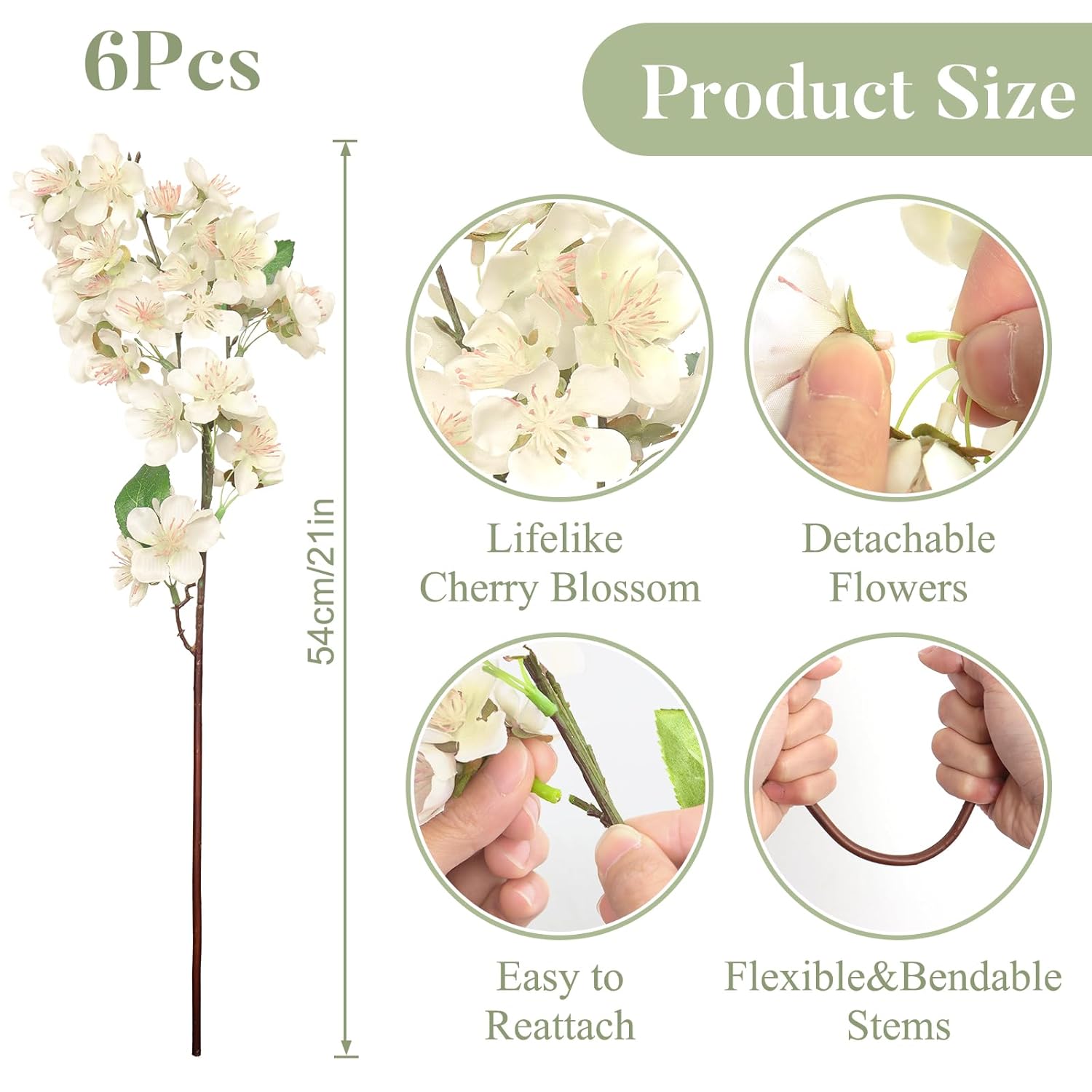 Artificial Cherry Blossom Branches 6Pcs Fake Flowers Artificial Faux Silk Flowers Plum Tree Blossom Fake Plants Arrangement For Spring Diy Home Wedding Table Office Vase Decor (White)