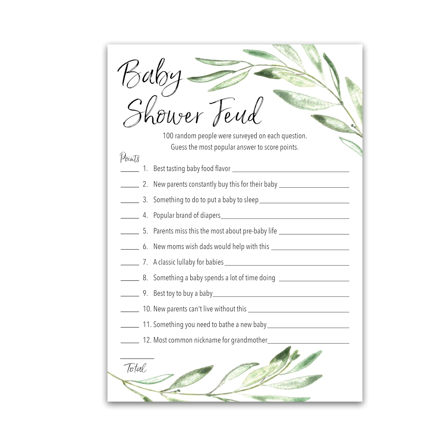Greenery Baby Shower Feud Game — Pack Of 25 — Fun Shower Family Feud Games, Green Rustic Gender Neutral Baby Shower Activity, Co-Ed Couples Shower G320-Bsf