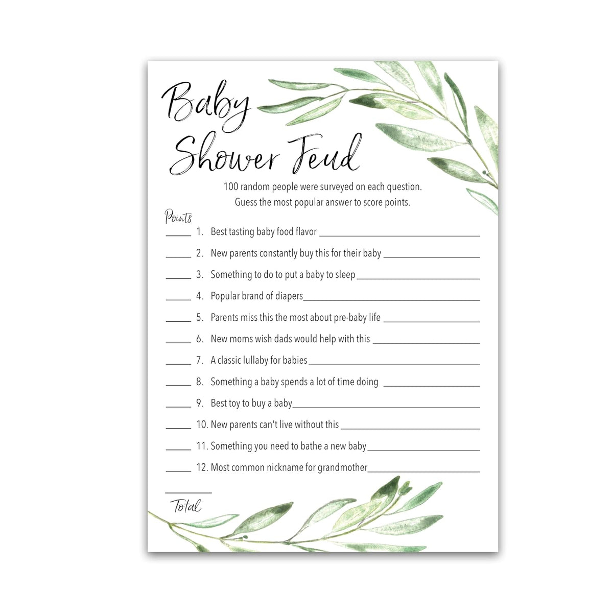 Greenery Baby Shower Feud Game — Pack Of 25 — Fun Shower Family Feud Games, Green Rustic Gender Neutral Baby Shower Activity, Co-Ed Couples Shower G320-Bsf