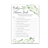 Greenery Baby Shower Feud Game — Pack Of 25 — Fun Shower Family Feud Games, Green Rustic Gender Neutral Baby Shower Activity, Co-Ed Couples Shower G320-Bsf