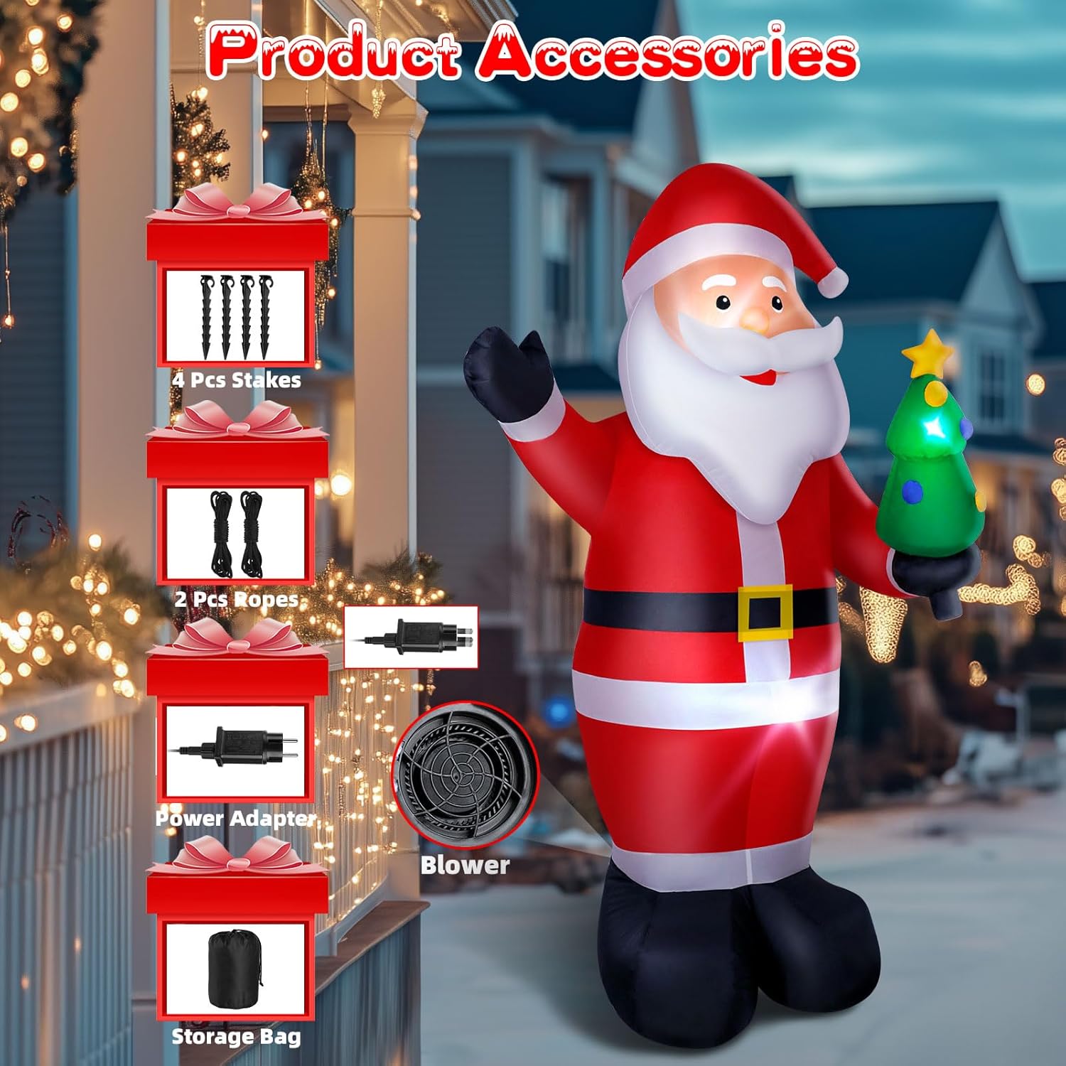 8Ft Christmas Inflatable Santa Outdoor Decoration, Blow Up Santa Claus Holding Xmas Tree Yard Decoration Built-In Led Li