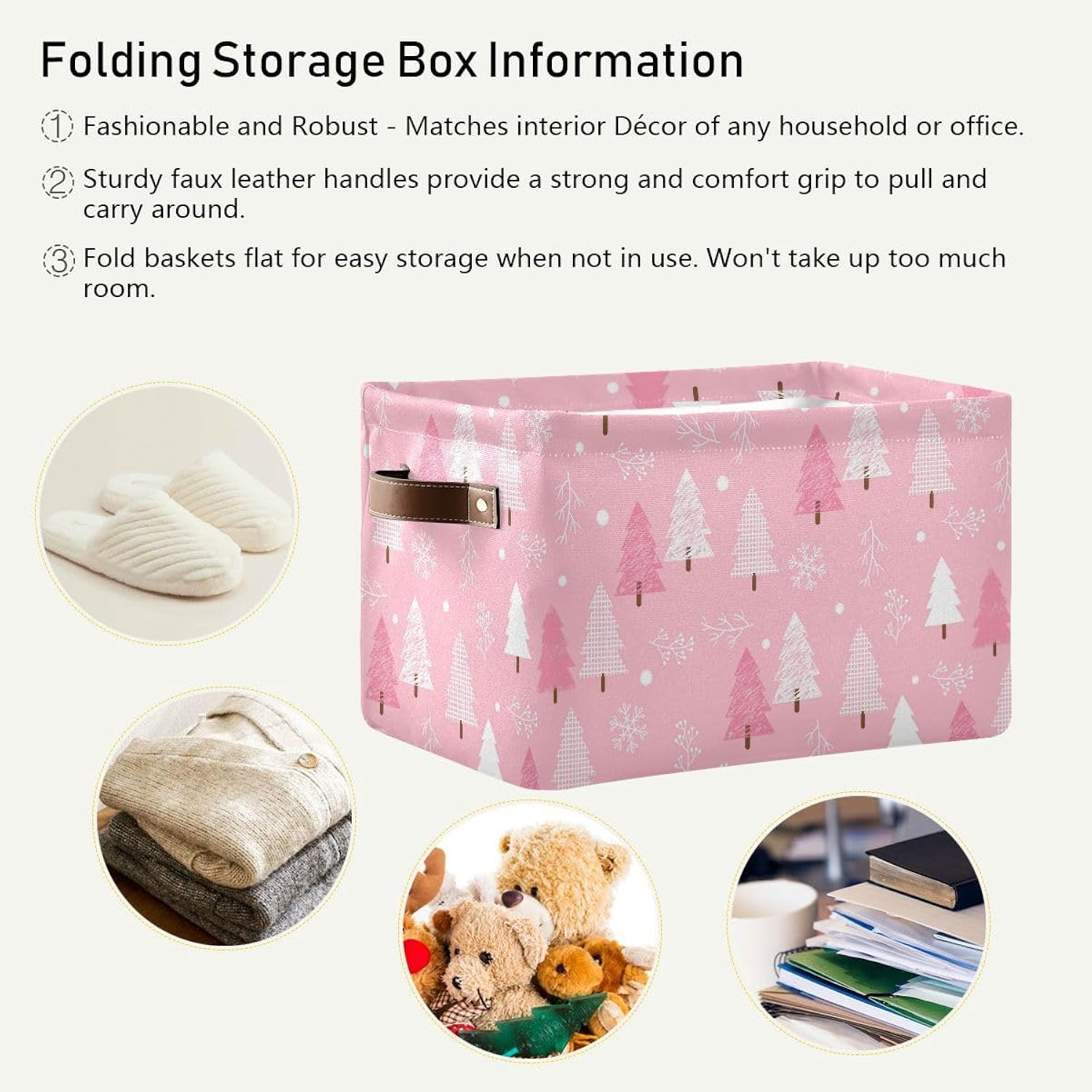 Christmas Tree Pink Storage Basket Fabric Kitchen Baskets Winter Snowflake Xmas Decorations Open Home Storage Bins Boxes Foldable Organizer Bag For Toy Book Shelf Closet Baskets 16×12×8 Inches